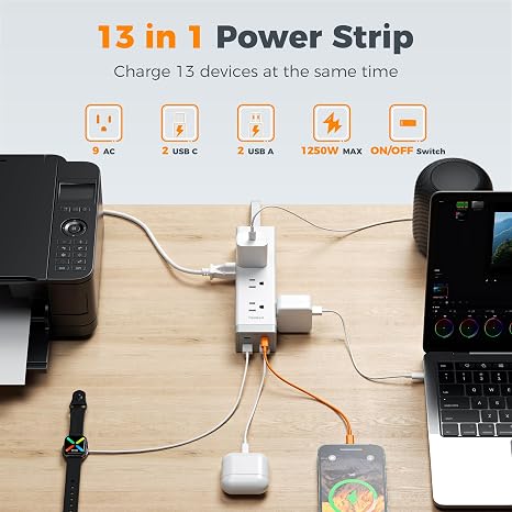 Surge Protector Power Strip 9 Outlets 4 USB Ports 2 USB C 1050J 6FT Flat Plug Grey