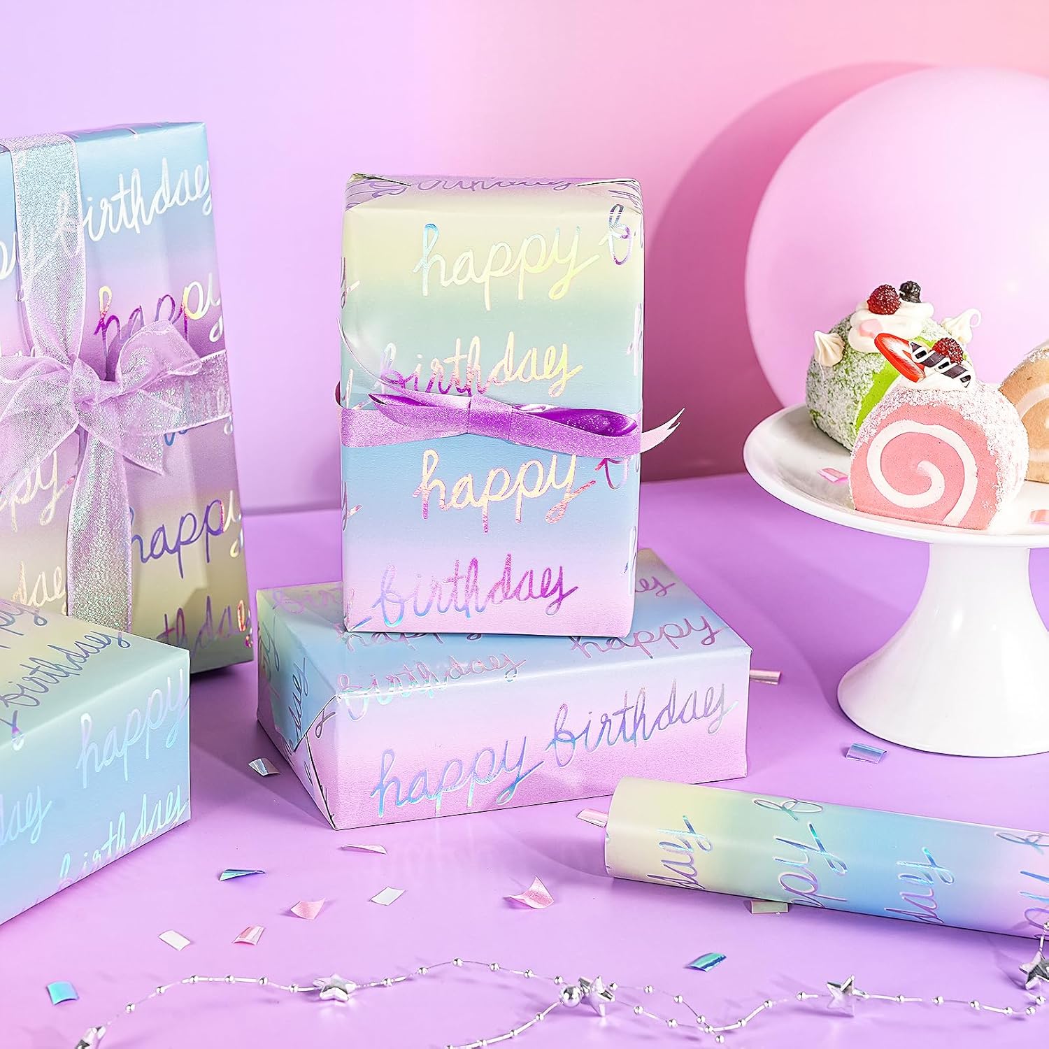 Holographic Birthday Wrapping Paper Roll, Mini Roll, Iridescent Shiny Rainbow Foil Happy Birthday Text, Gradient Color Gift Wrap For Kids, Adults, Party Celebrations,17 Inches X 16.4 Feet