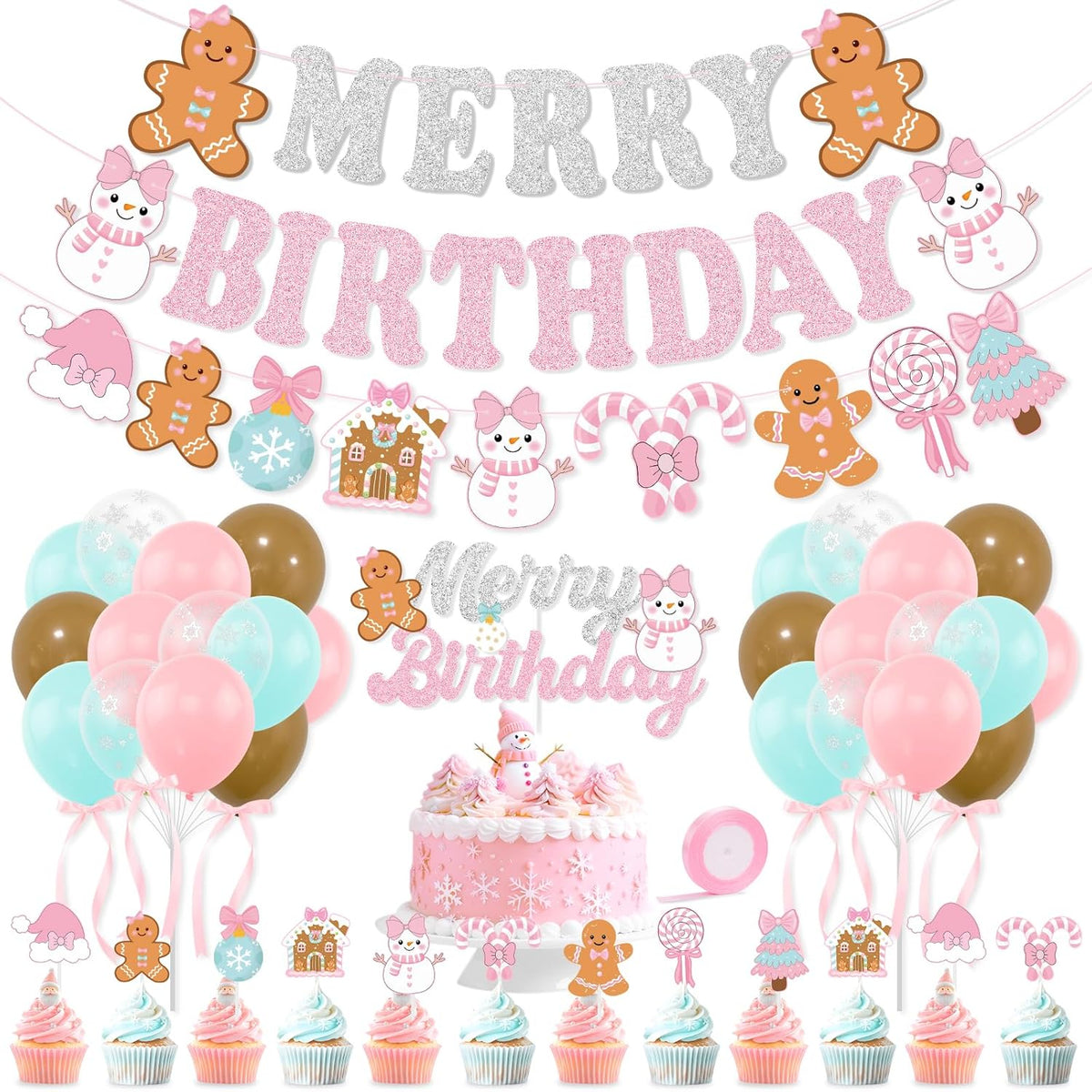 Pink Christmas Merry Birthday Party Decorations, Gingerbread Man Merry Birthday Banner, Cake Topper, Snowflake Balloons For Girls Gingerbread Christmas Decorations Pink Bow Xmas Party