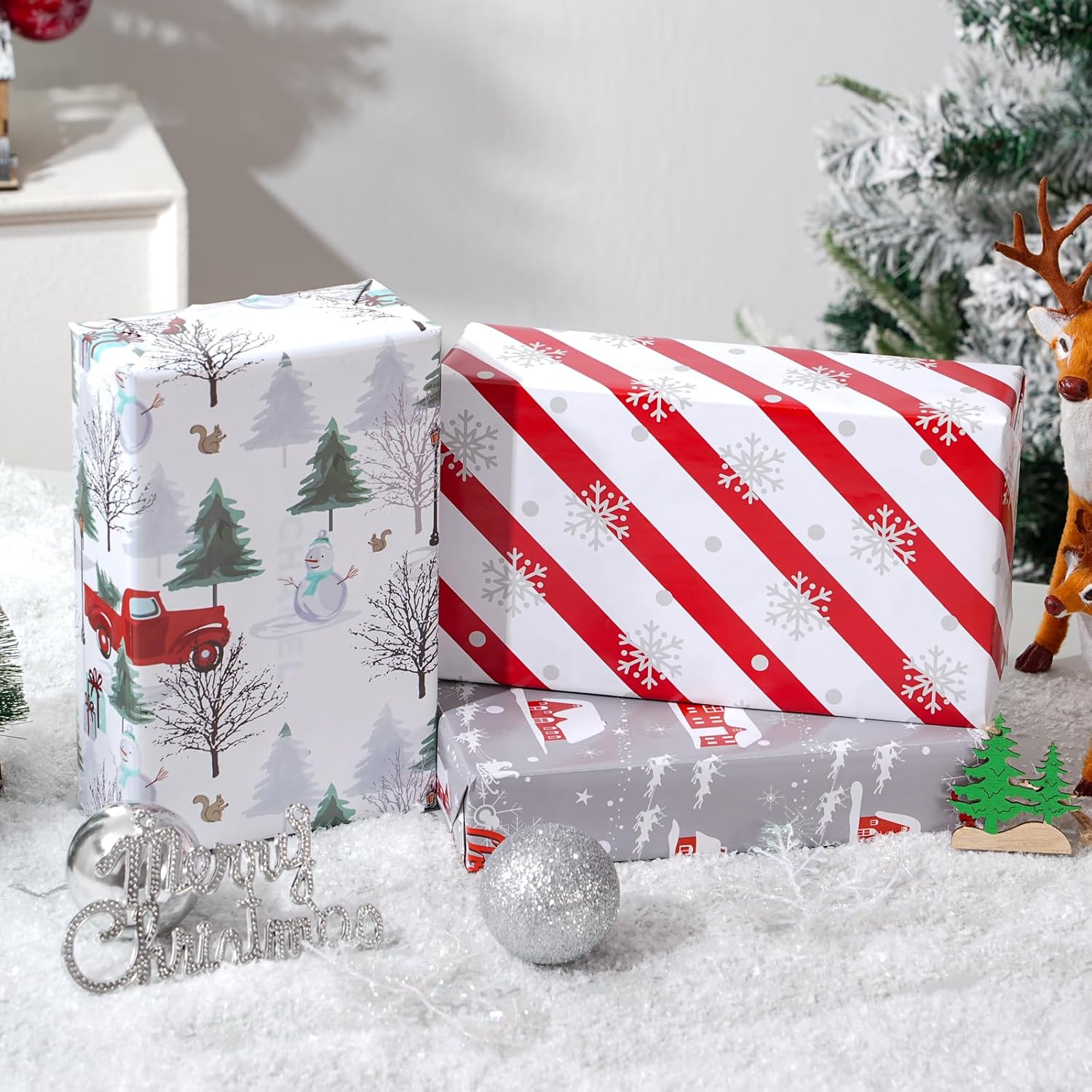 White Christmas Wrapping Paper Bundle For Kids Adults - Reindeer, Stripes, Woodlands, Snowflake, Red Truck Winter Scene Designs - 28 X 40 Inches, 6 Jumbo Sheets, Recycled