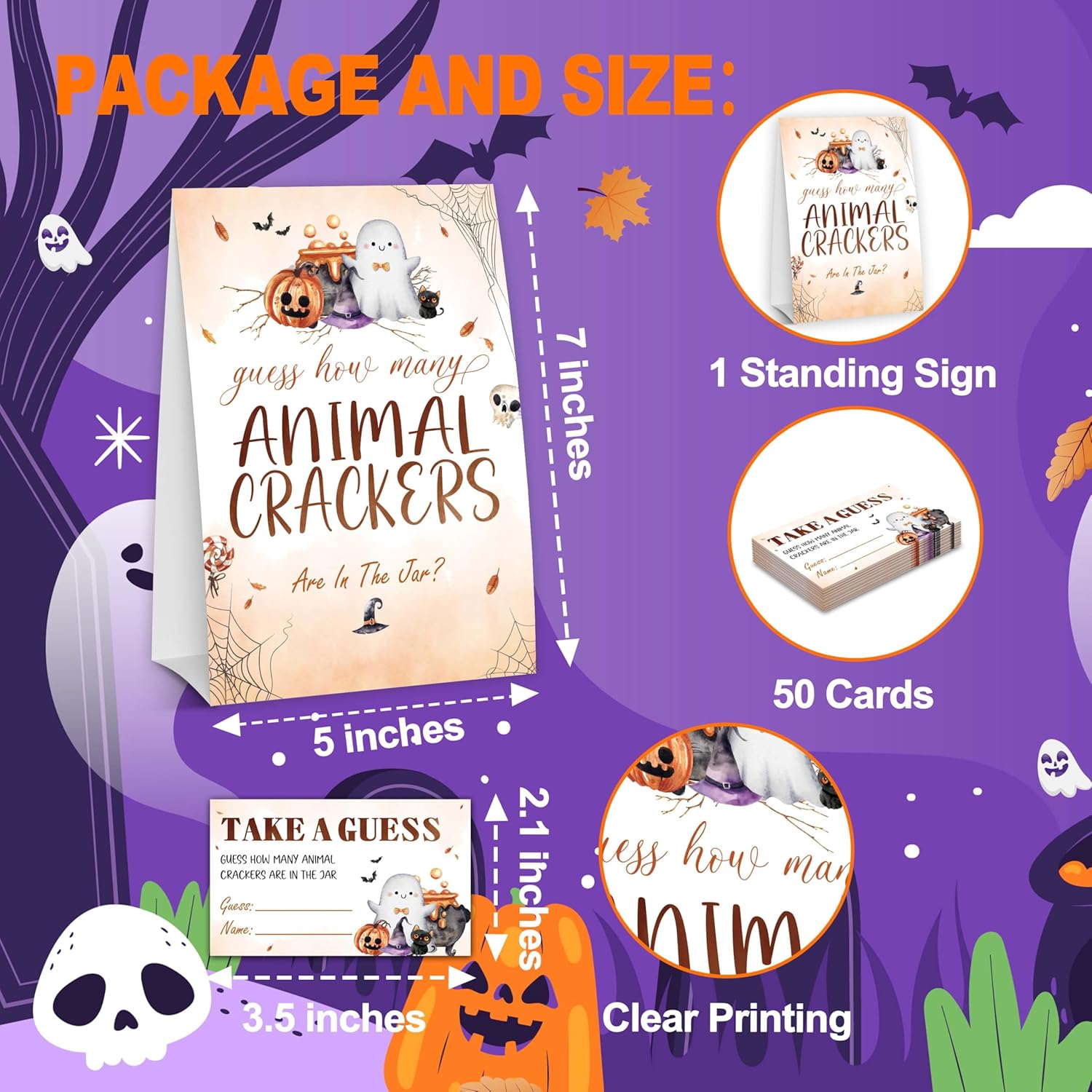 Halloween Baby Shower Games, Hilarious Guess How Many Animal Crackers For Pumpkin Gender Reveal Party Supplies Decorations, 1 Standing Sign + 50 Tickets - A08