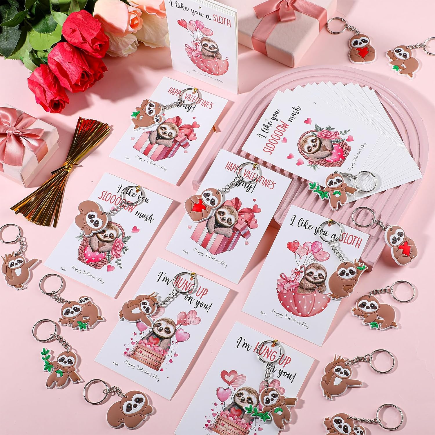 28 Valentine'S Day Cards Keychains Gift For Guests Valentine'S Greeting Cards Keychains Exchange Gift For Family Gifts(Sloth)
