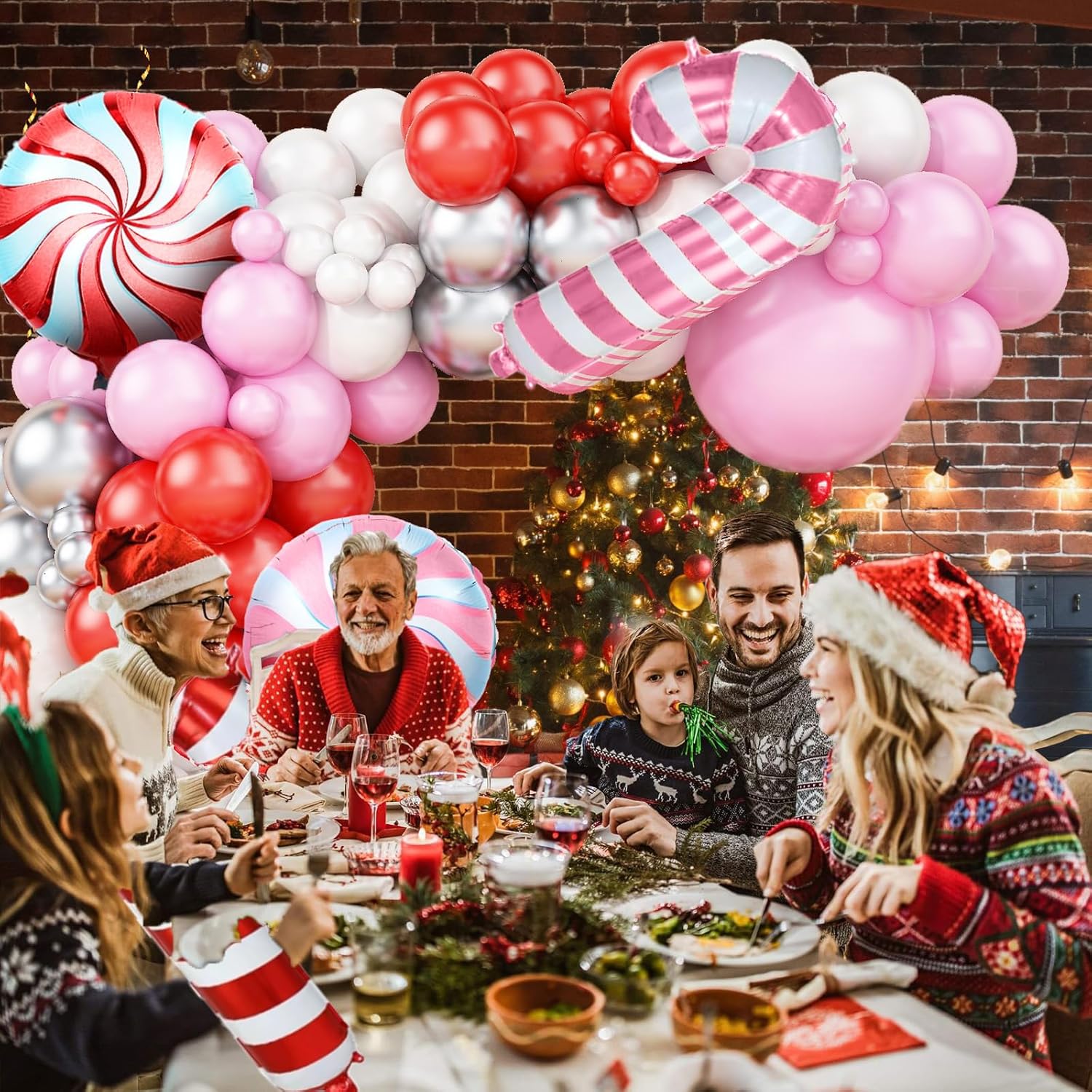 Christmas Balloon Arch Kit, Pink Red White Garland With Metallic Silver Balloons, Candy Cane Foil Balloon For Party Decorations, New Year Xmas Supplies