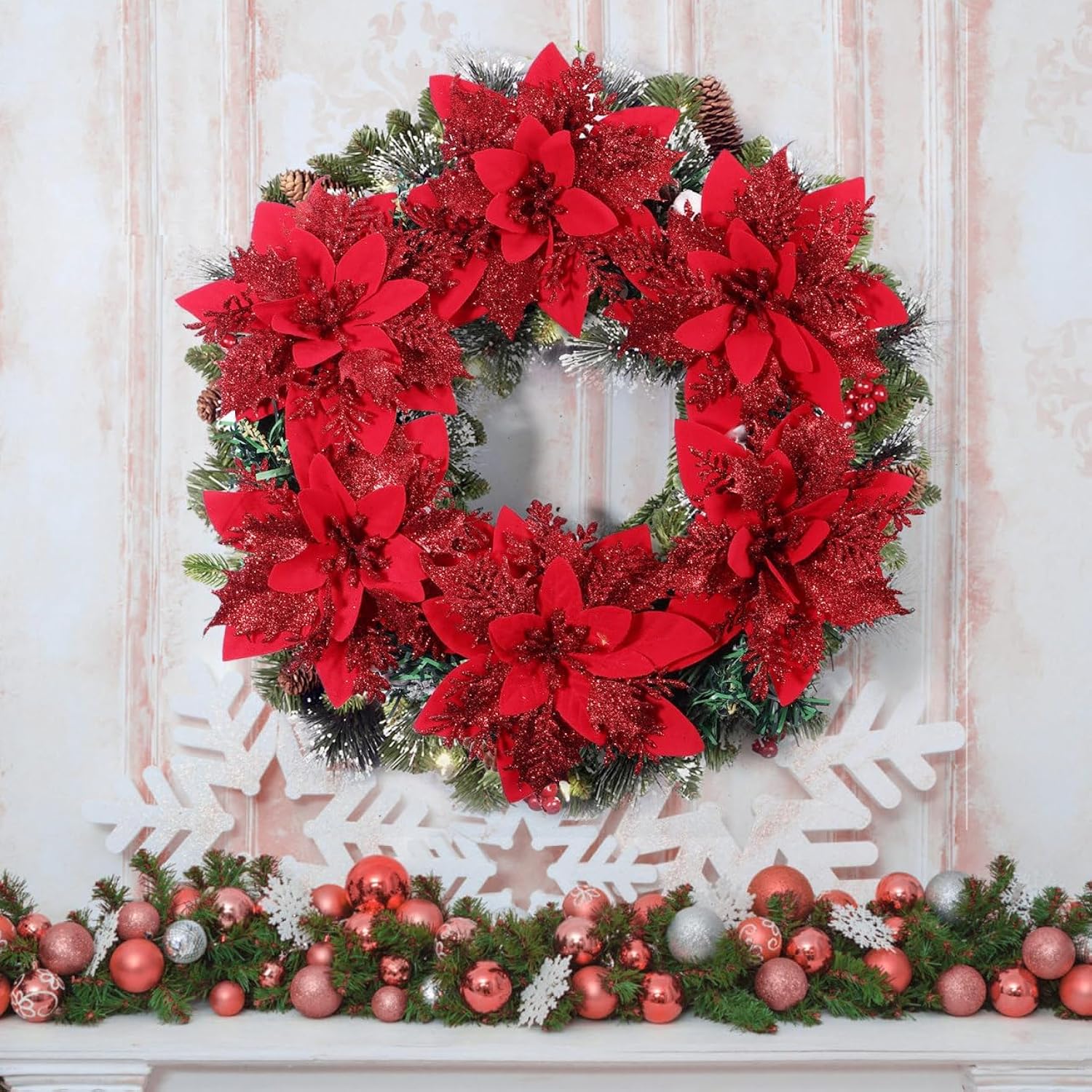 Christmas Glitter Poinsettia Flowers Artificial Flowers For Christmas Tree Decorations Red Wreath Florals With Stems And Clips 12 Pieces