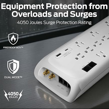 Heavy Duty Surge Protector Power Strip 12 Outlets 2 USB 2 Ethernet 2 Coax 6FT Extension Cord 4050J