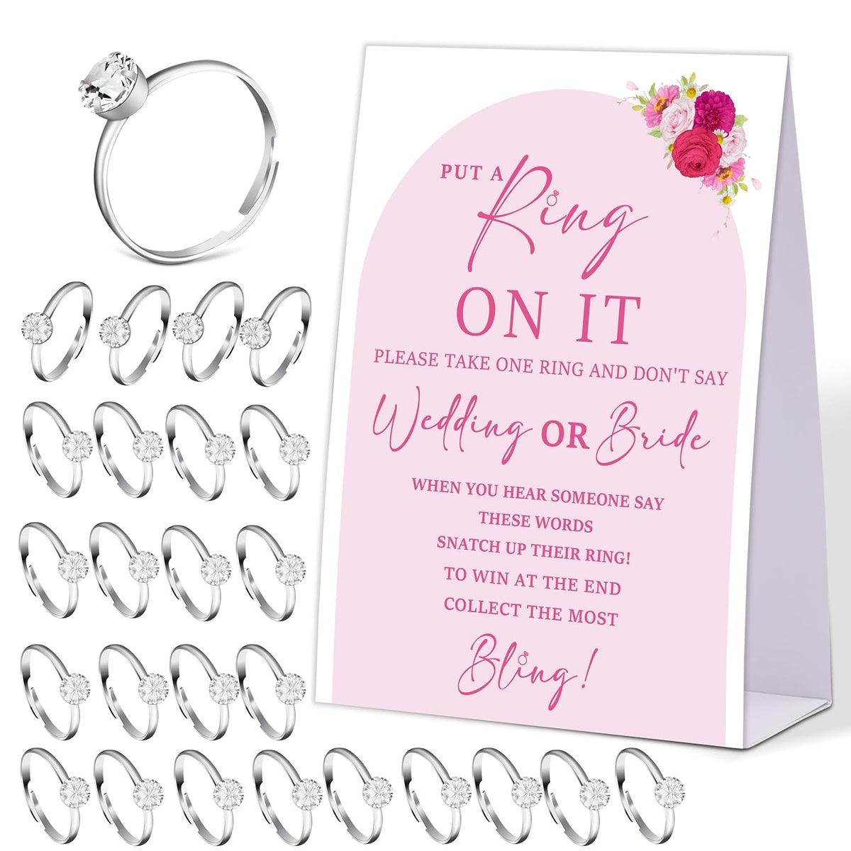 Pink Floral Don'T Say Bride Or Wedding Game, Put A Ring On It Bridal Shower Game With 50 Fake Rings, Modern Bridal Shower Decorations, Wedding Shower Or Bachelorette Party Supplies - 05