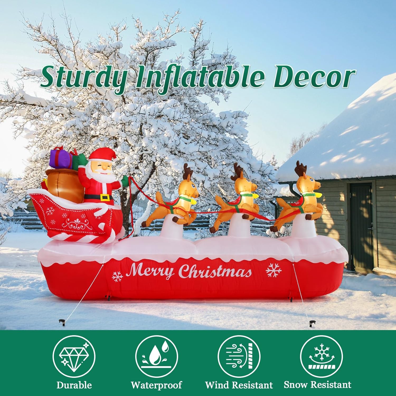 10 Ft Christmas Inflatables Outdoor Decorations Santa Claus On Sleigh, Blow Up Cute Elks Pulling Santa'S Inflatable Yard