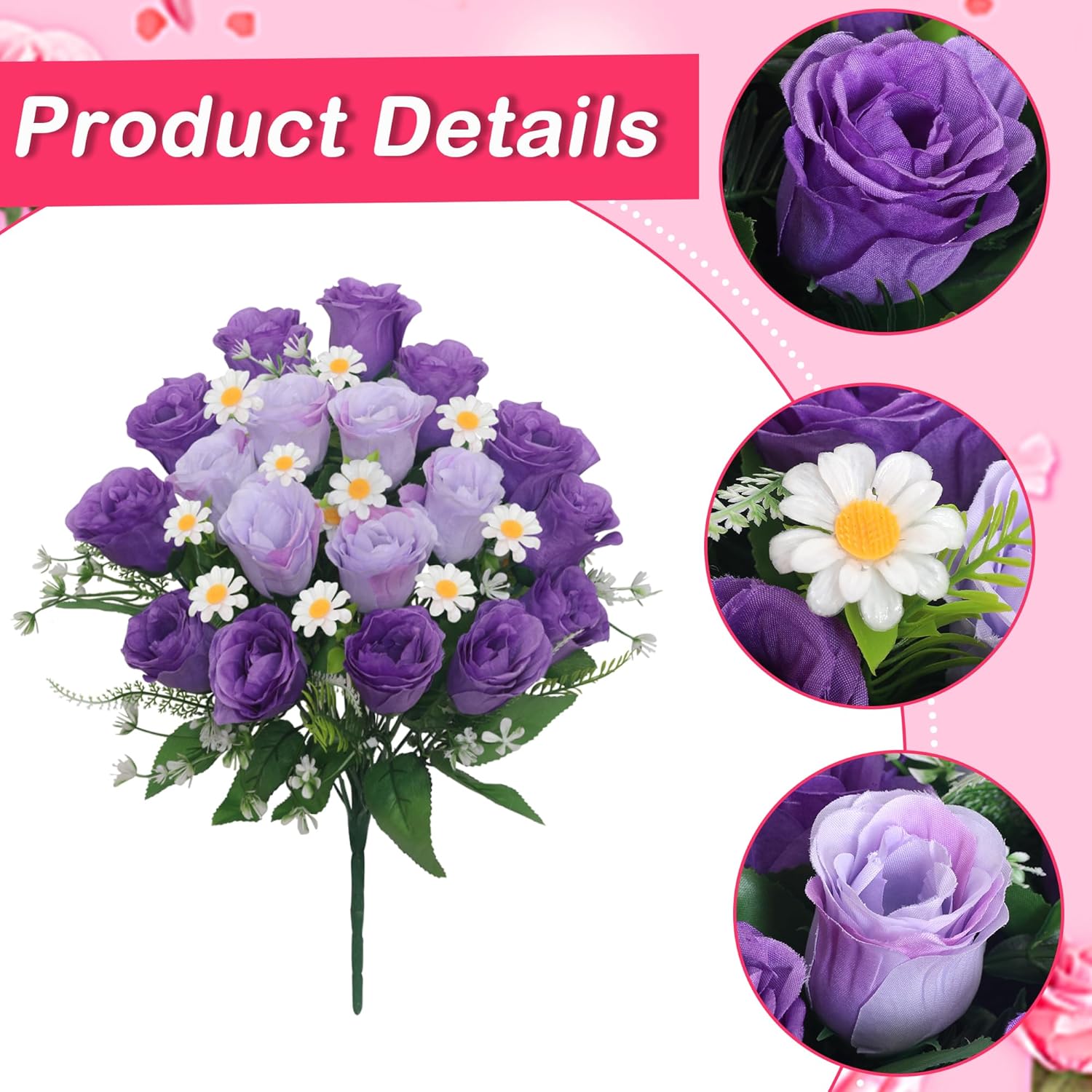 Artificial Cemetery Flowers For Grave Memorial Day Flowers For Cemetery,2Pack Artificial Silk Roses Daisy Bouquets With Cemetery Vases For Outdoor Grave Decorations ? (Purple)