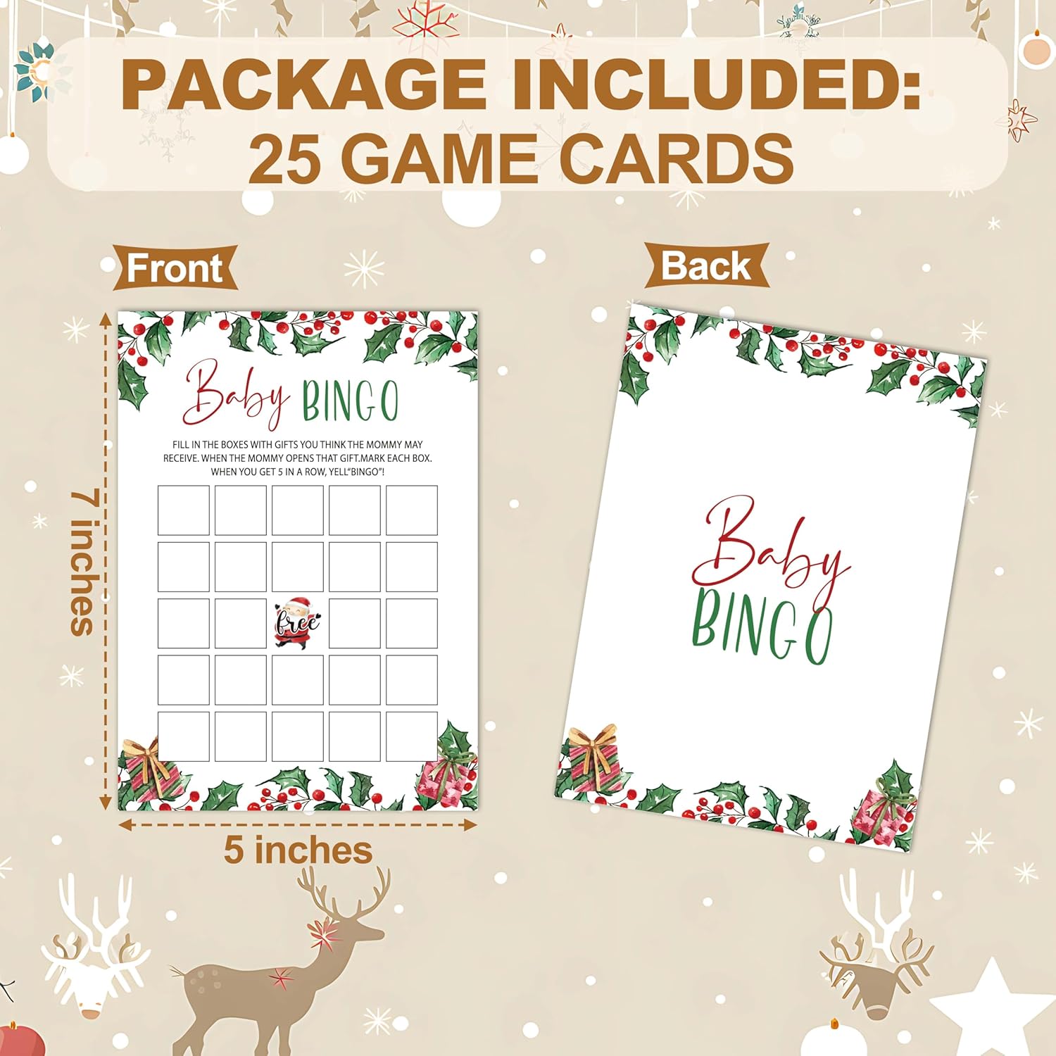 Christmas Baby Shower Games – 25 Pack, Winter Guest Bingo, Christmas Holiday Baby Shower Games Cards, Gender Reveal Party Decorations, Party Favors Supplies, Christmas Baby Shower Ideas -A01