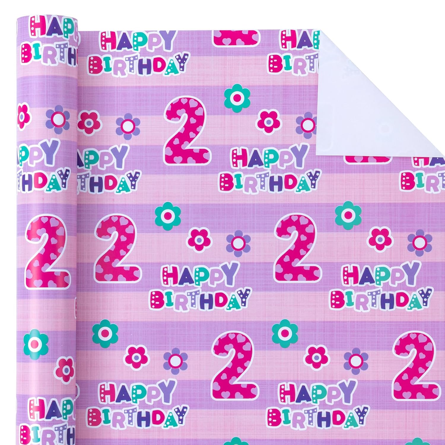 2Nd Birthday Wrapping Paper - Mini Roll - 17 Inch X 33 Feet - Pink Floral And Happy Birthday Wrapping Paper For Girls, Party, Holiday