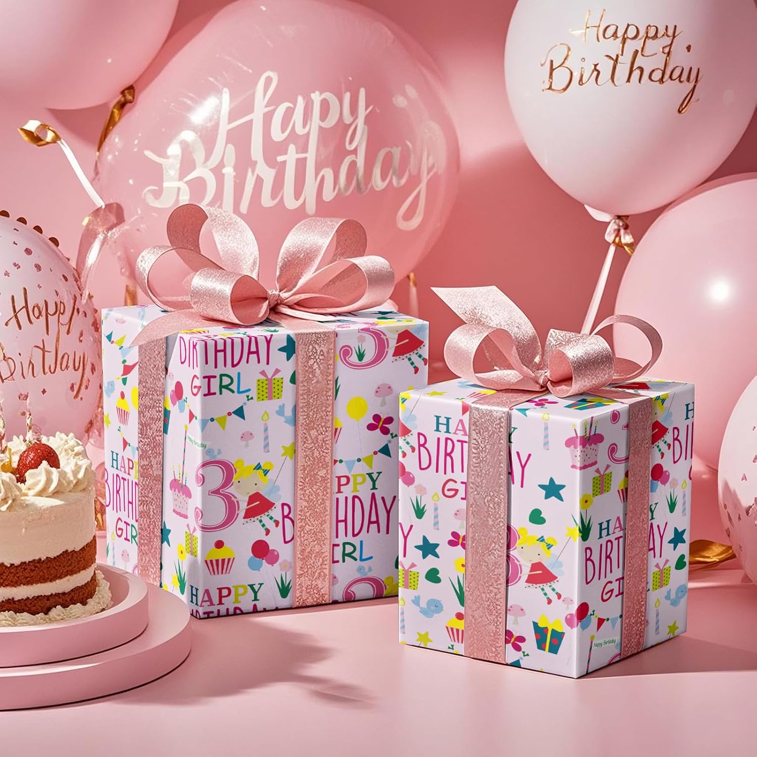 Happy 3Rd Birthday Wrapping Paper Roll For Girls, Mini Roll, Pink Happy Birthday Girl Pattern Design For Party And More, 17 Inches X 16.4 Feet, 3 Years Old