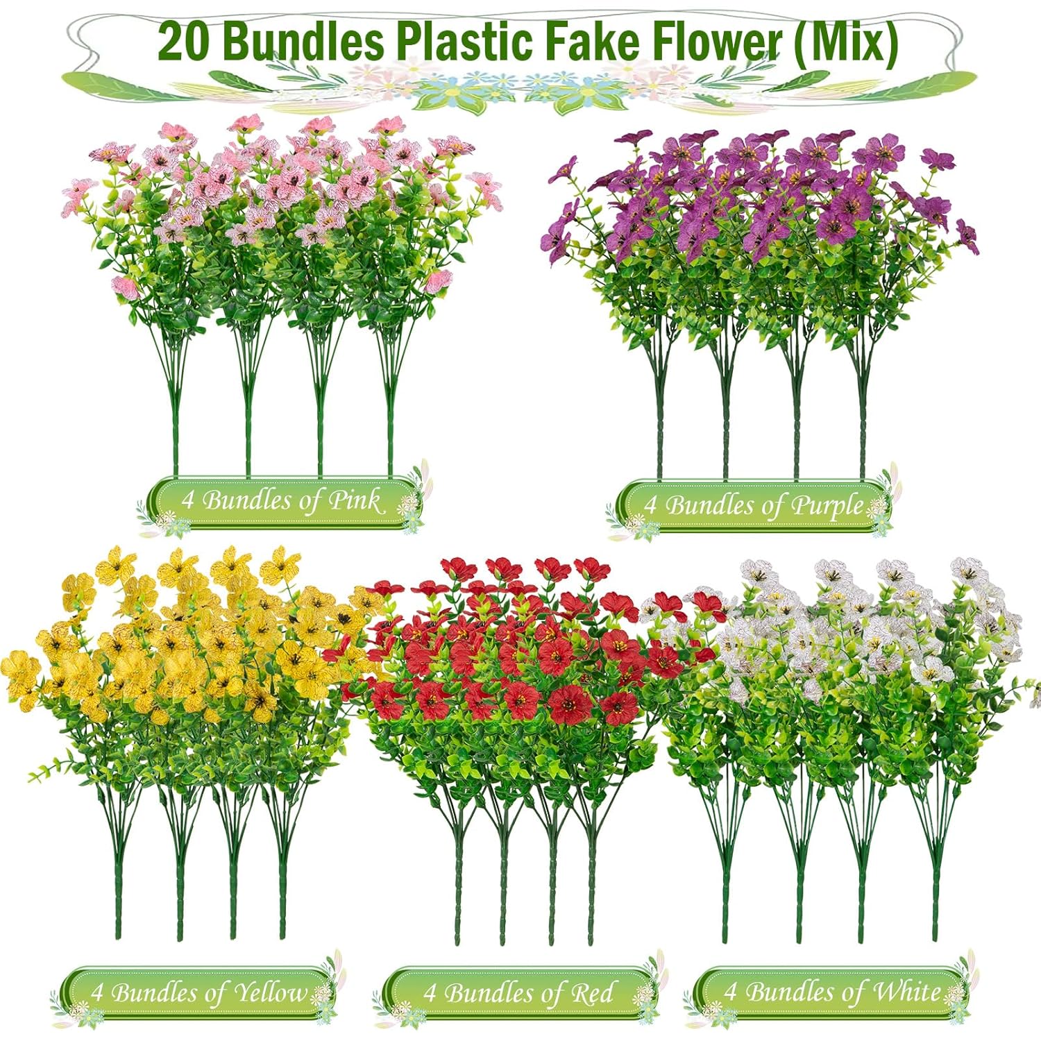 Artificial Flowers Plants Faux Eucalyptus Flowers Uv Resistant Plants For Outdoor Porch Patio Home Yard Garden Planters Pots Window Box (20 Bundles, 5 Colors Mixed)