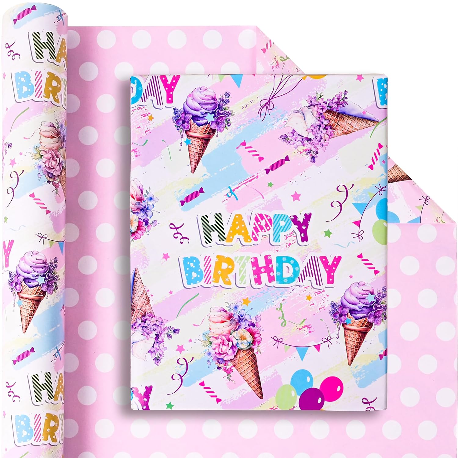 Reversible Ice Cream Wrapping Paper Roll For Kids Girls Women - 17 Inch X 20 Feet - Pink Summer Happy Birthday And Polka Dot Design Gift Wrap For Baby Shower Party Total 28.5Sq.Ft