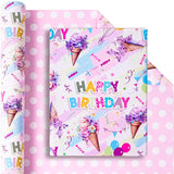 Reversible Ice Cream Wrapping Paper Roll For Kids Girls Women - 17 Inch X 20 Feet - Pink Summer Happy Birthday And Polka Dot Design Gift Wrap For Baby Shower Party Total 28.5Sq.Ft