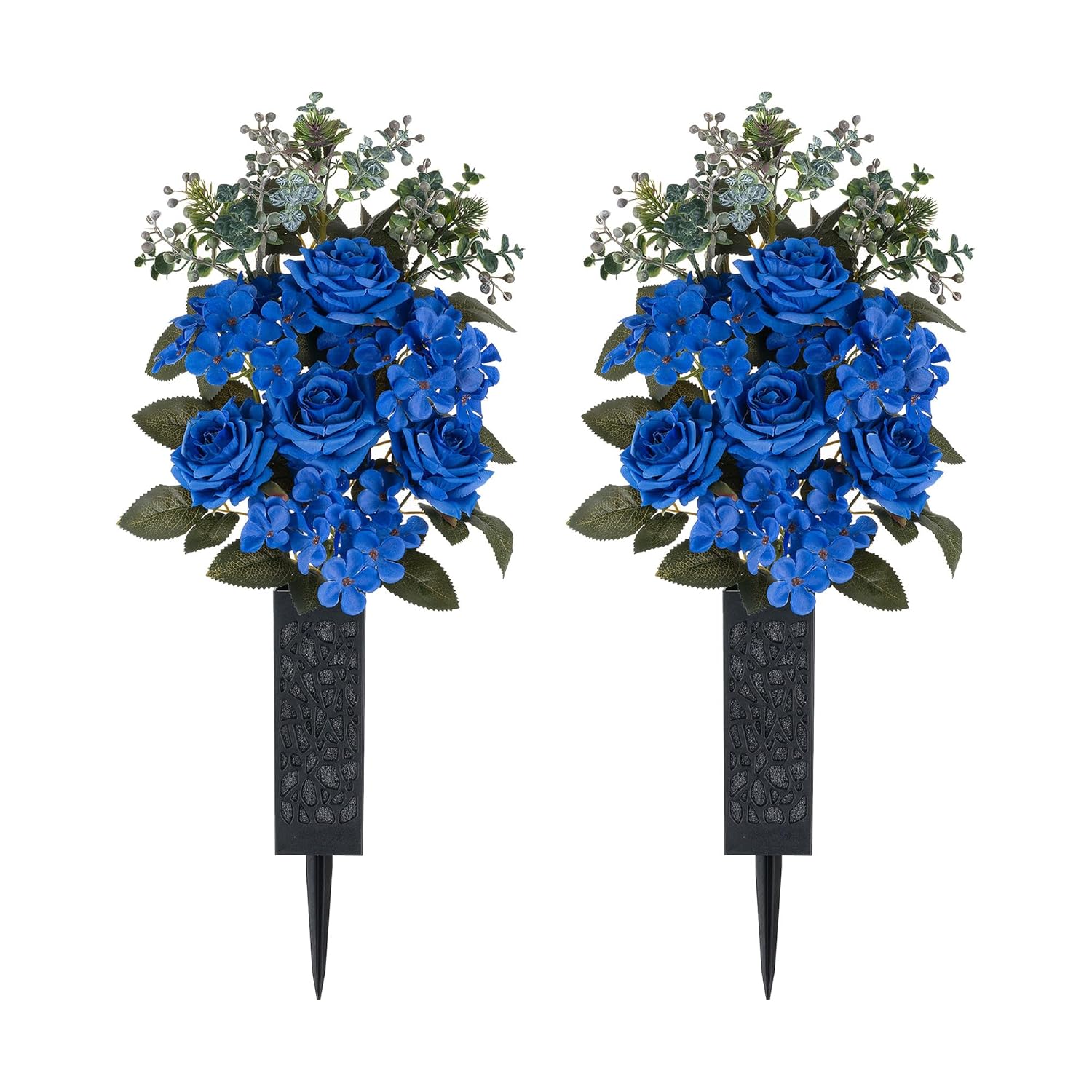Cemetery Flowers For Grave Decorations: 2 Pcs Royal Blue Artificial Rose Hydrangea Christmas Flower Arrangements Silk Funeral Floral Bouquet With Vase For Outdoors Gravessite Decor