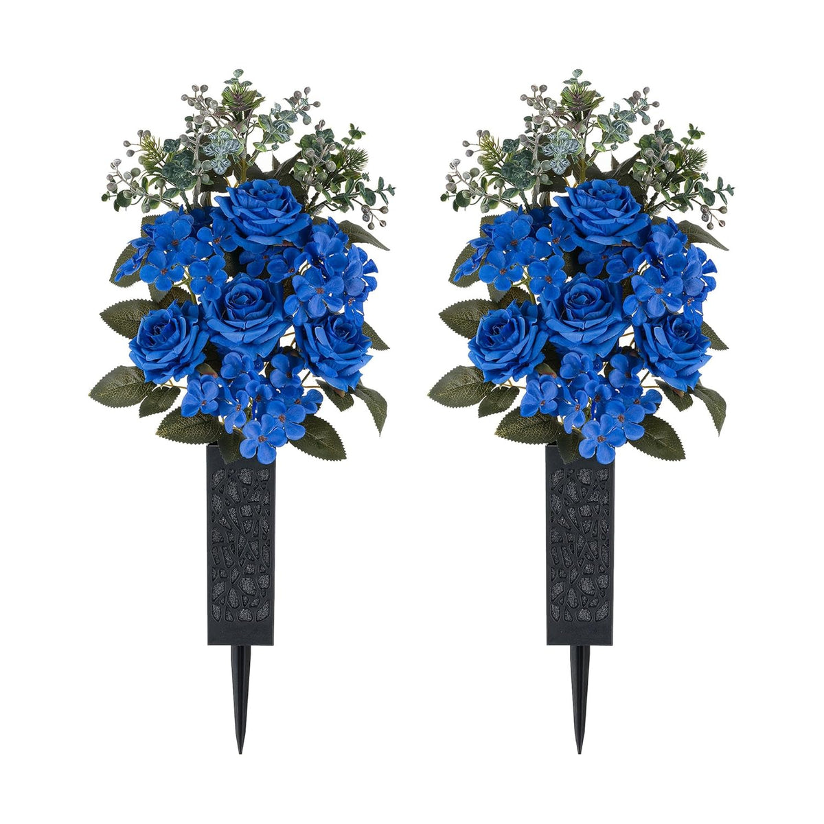 Cemetery Flowers For Grave Decorations: 2 Pcs Royal Blue Artificial Rose Hydrangea Christmas Flower Arrangements Silk Funeral Floral Bouquet With Vase For Outdoors Gravessite Decor