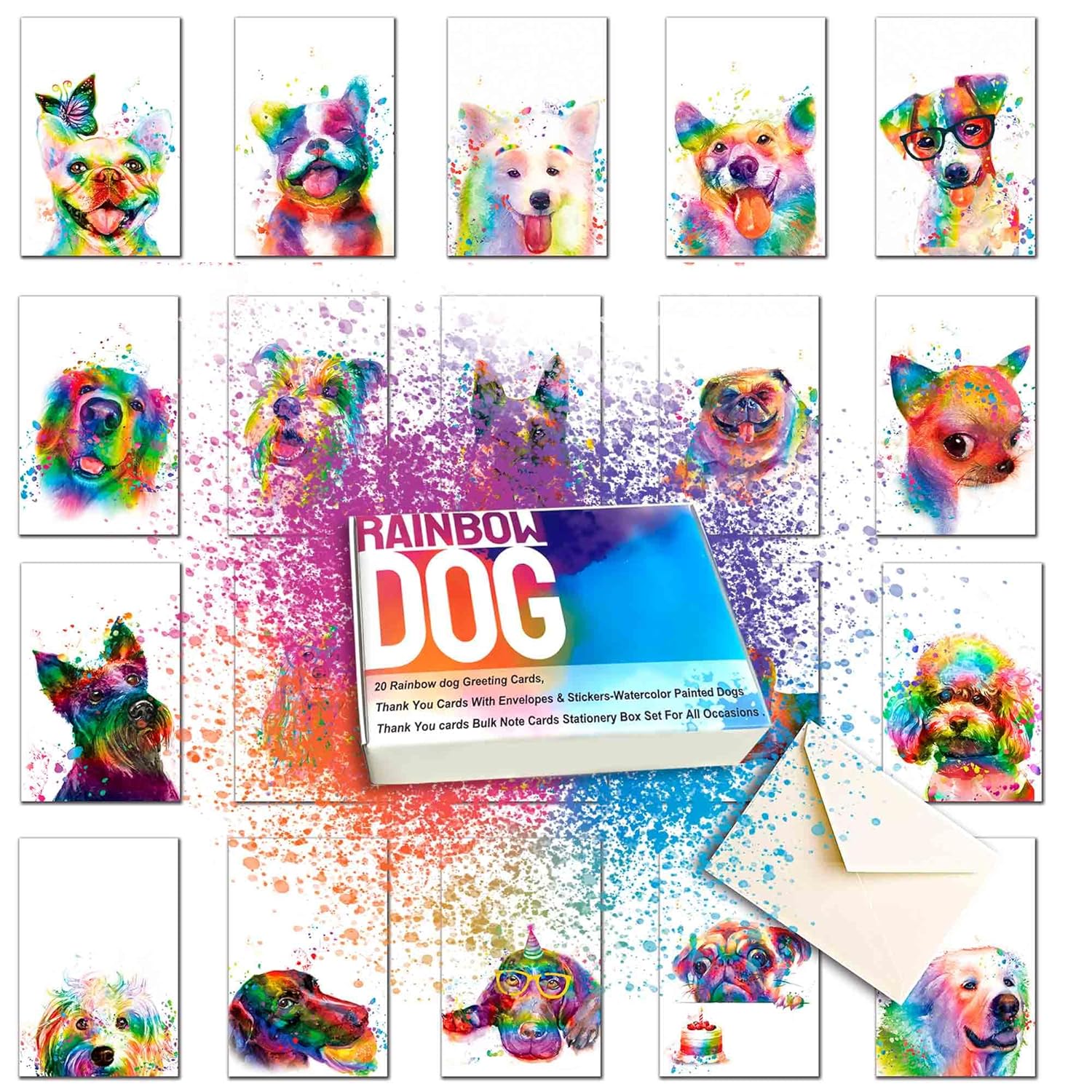 20 Greeting Cards, Rainbow Dog Thank You Cards With Envelopes Watercolor Painted Dogs Thank You Cards Bulk Note Cards Stationery Box Set For All Occasions Birthday Thank You Wedding.