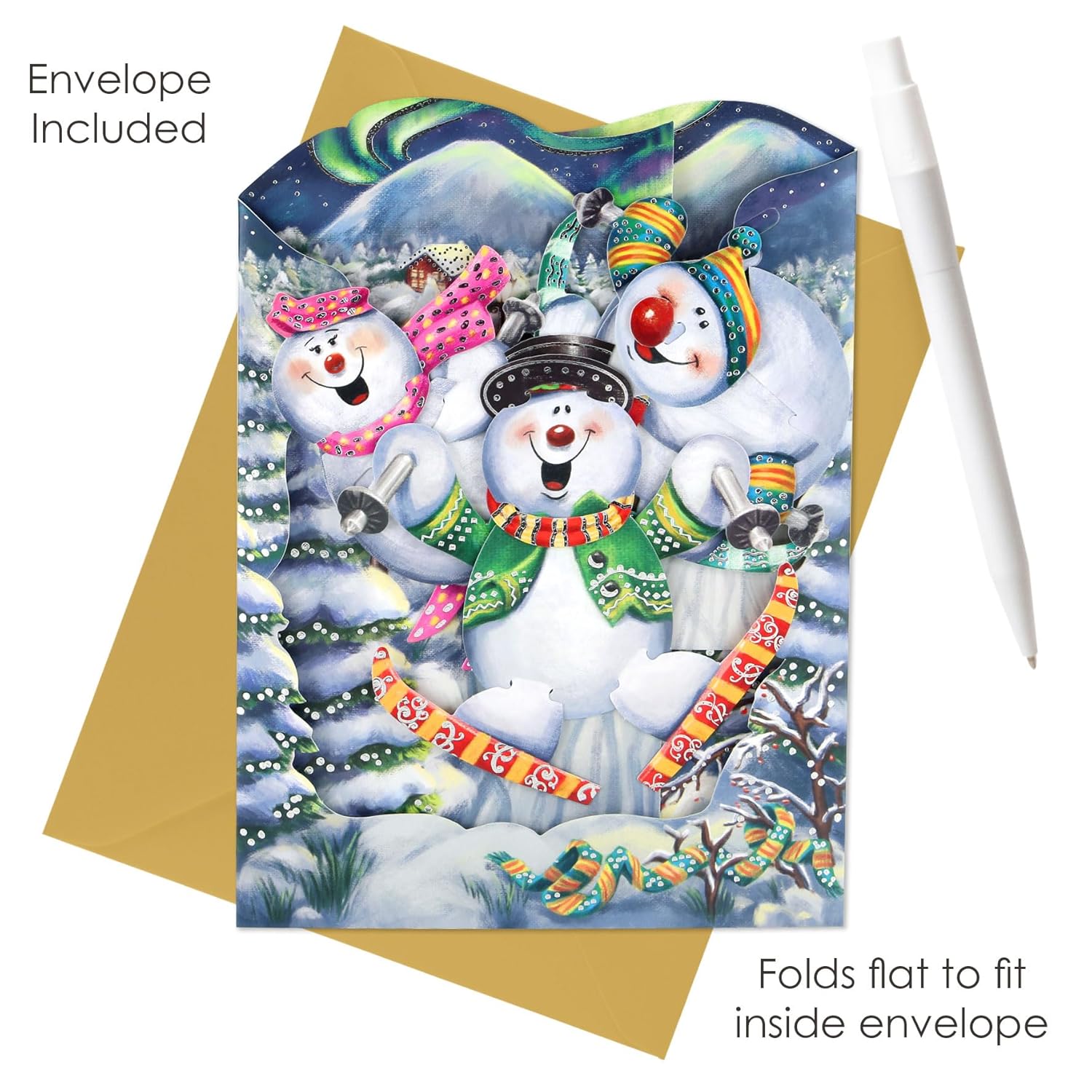 SANTORO Swing Card - 3D Pop Up Christmas Card - Snowmen - For Adults, For Kids, Holiday Party Invitation, Winter Theme Party, Corporate Gifts, Decorations