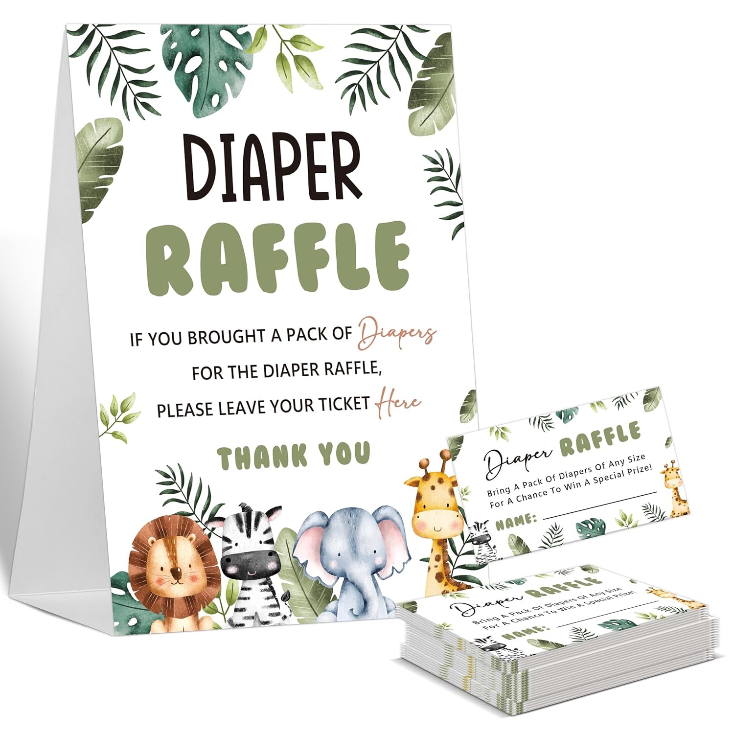 Baby Shower Games Diaper Raffle, 1 Sign & 50 Cards, Safari Jungle Wild Animal Diaper Raffle Tickets For Baby Shower, Gender Neutral Decoration Gender Reveal Party Games Supplies-Lt47