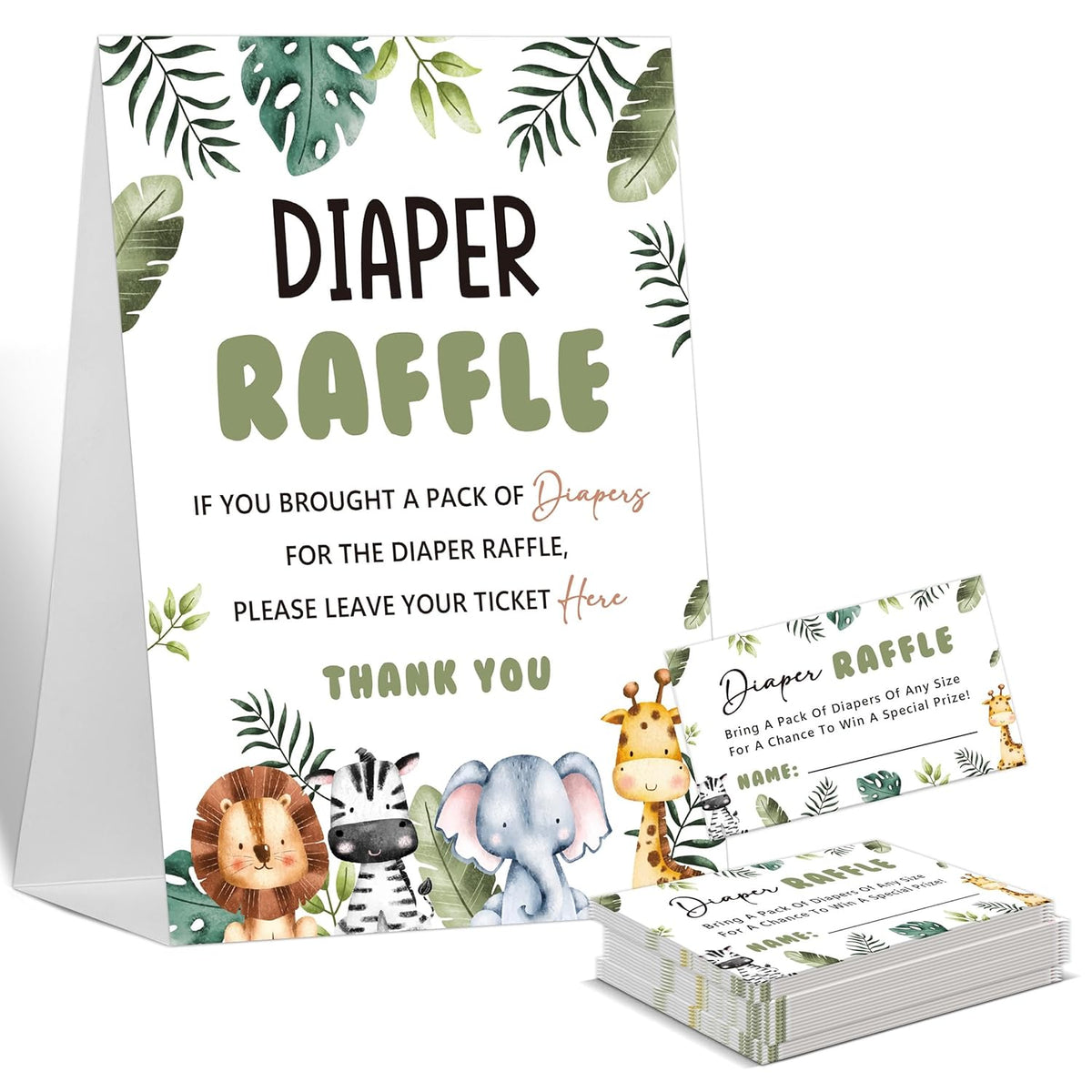 Baby Shower Games Diaper Raffle, 1 Sign & 50 Cards, Safari Jungle Wild Animal Diaper Raffle Tickets For Baby Shower, Gender Neutral Decoration Gender Reveal Party Games Supplies-Lt47