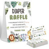 Baby Shower Games Diaper Raffle, 1 Sign & 50 Cards, Safari Jungle Wild Animal Diaper Raffle Tickets For Baby Shower, Gender Neutral Decoration Gender Reveal Party Games Supplies-Lt47