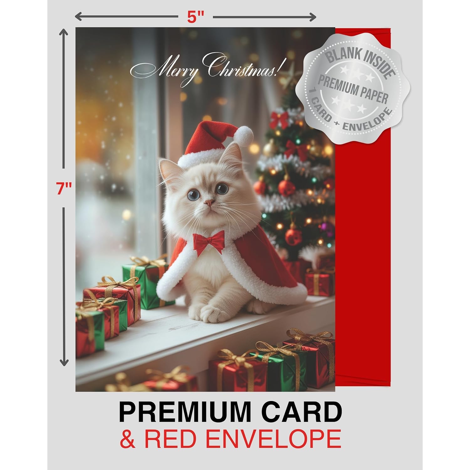 Ragdoll Kitten Christmas Greeting Card – Merry Christmas Cat Card For Pet Lovers, Blank Inside, 5X7” Premium Holiday Card With Red Envelope – Cute Cat Art, Made In Usa By Pet-Friendly Small Business