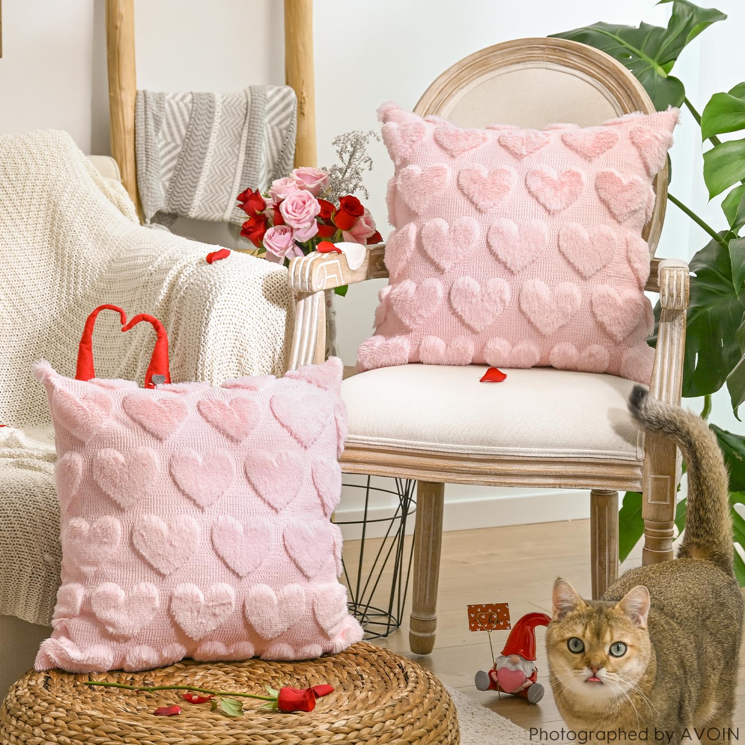 Valentine'S Day Love Heart Pink Throw Pillow Covers Set Of 2, 18 X 18 Inch Anniversary Wedding Home Decor Soft Plush Faux Fur Jacquard Cushion Case For Sofa Couch