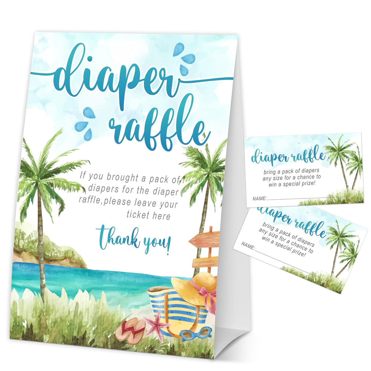 Summer Diaper Raffle Tickets For Baby Shower, Beach Baby Shower Games For Gender Reveal, Party Decorations & Supplies, 1 Sign & 50 Cards Set-A07