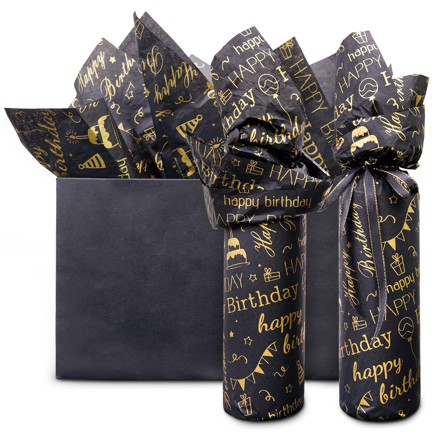 Large Black Gold Birthday Tissue Paper, 20" X 28", Black With Gold Happy Birthday Design For Gift Bags, 30 Sheets