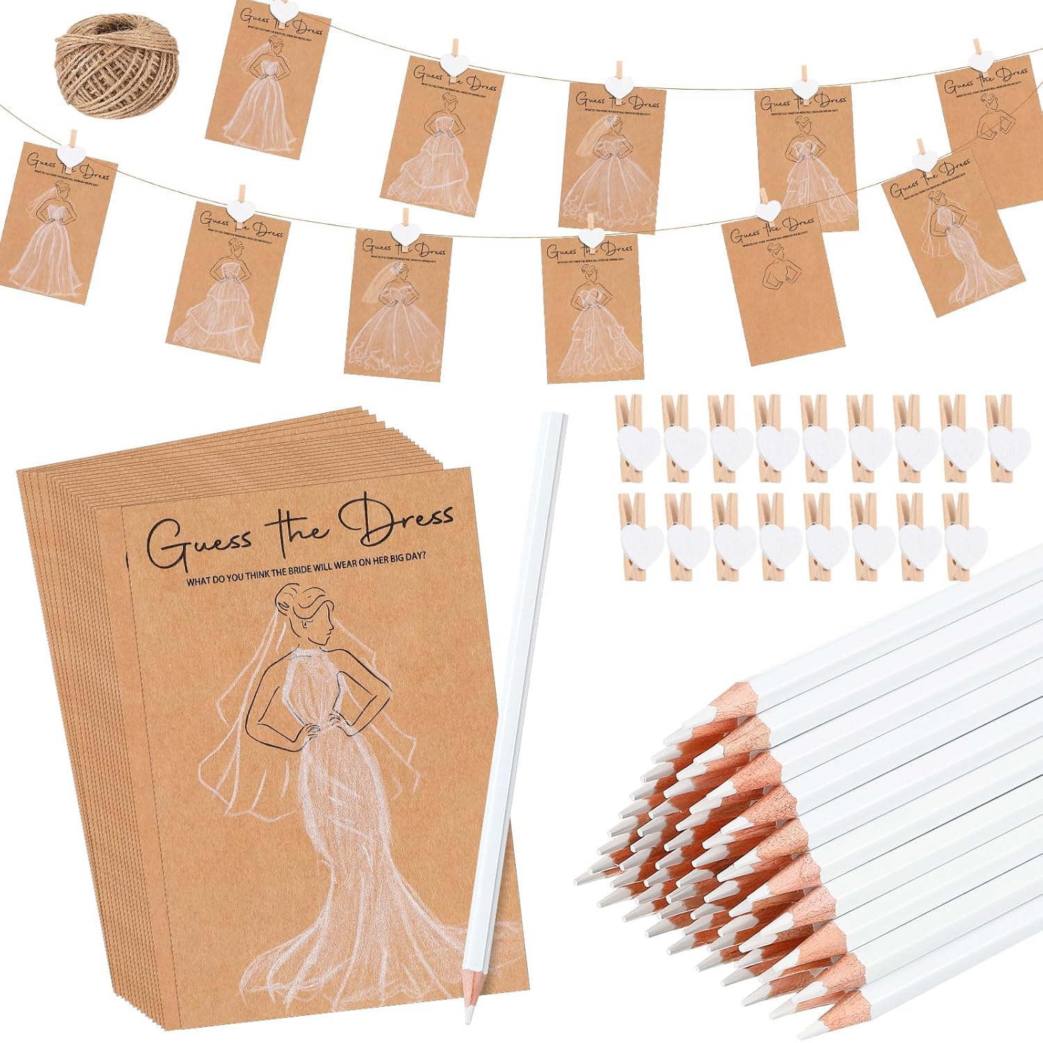 30 Sets Guess The Dress Bridal Shower Games For Guests Wedding Shower Games Cards Water Soluble Pencils With Fun Heart Wooden Clip And 1 String Rope Wedding Party Supplies Games Ideas