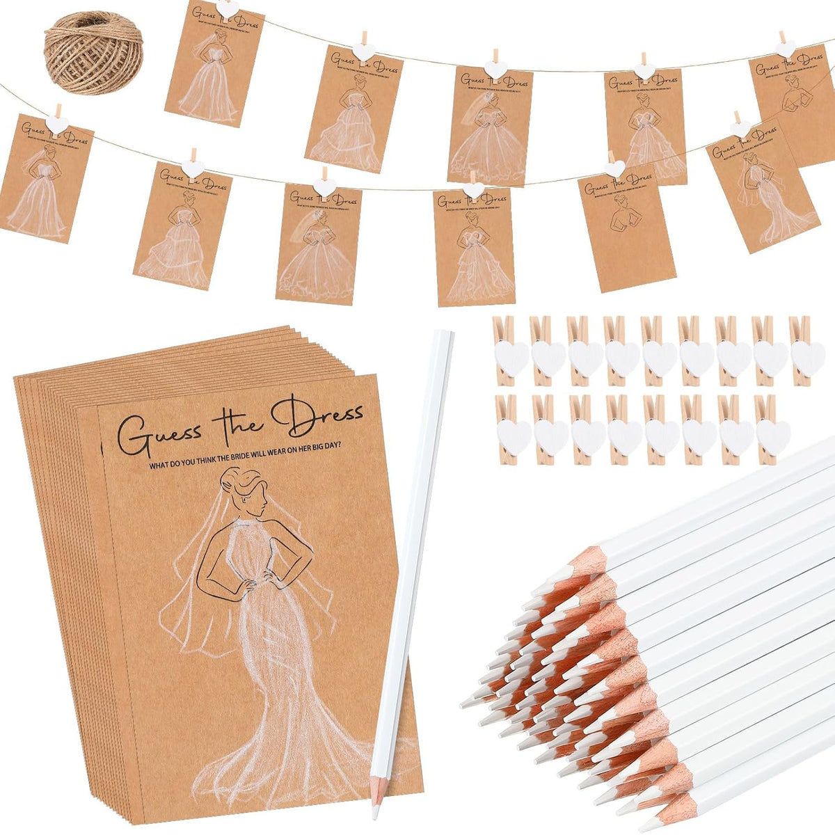 30 Sets Guess The Dress Bridal Shower Games For Guests Wedding Shower Games Cards Water Soluble Pencils With Fun Heart Wooden Clip And 1 String Rope Wedding Party Supplies Games Ideas