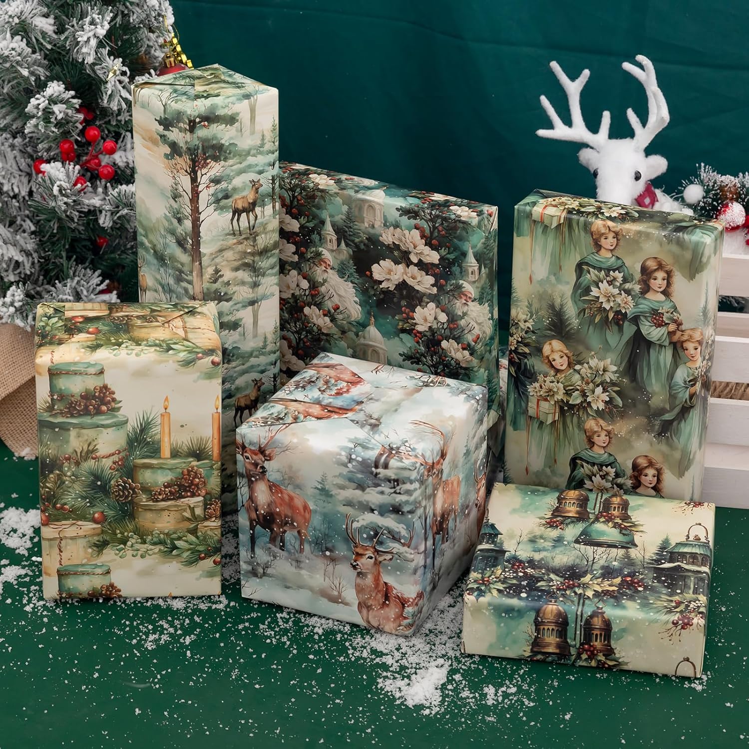 Watercolor Christmas Wrapping Paper 6 Style Reindeer Santa Forest And Flower Holiday Style Gift Wrap For Winter Party Vacation Baby Shower - 20 X 28 Inches 6 Folded Sheets