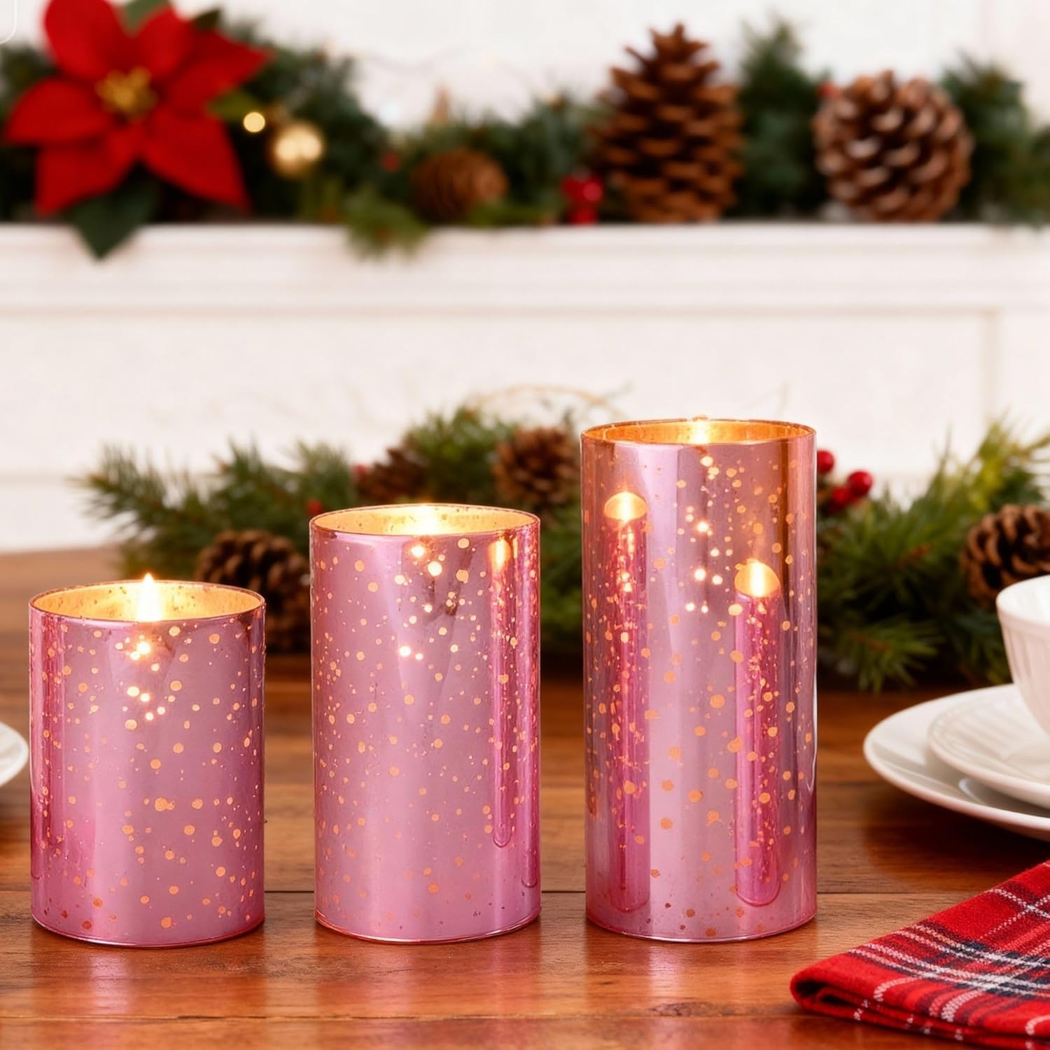 Pink Mercury Glass Battery Operated Flameless Led Candles With Remote And Timer, Batteries Included. 500+ Hours Flickering Led, Real Glass And Real Wax, Warm White Light For Christmas, Holiday, Women