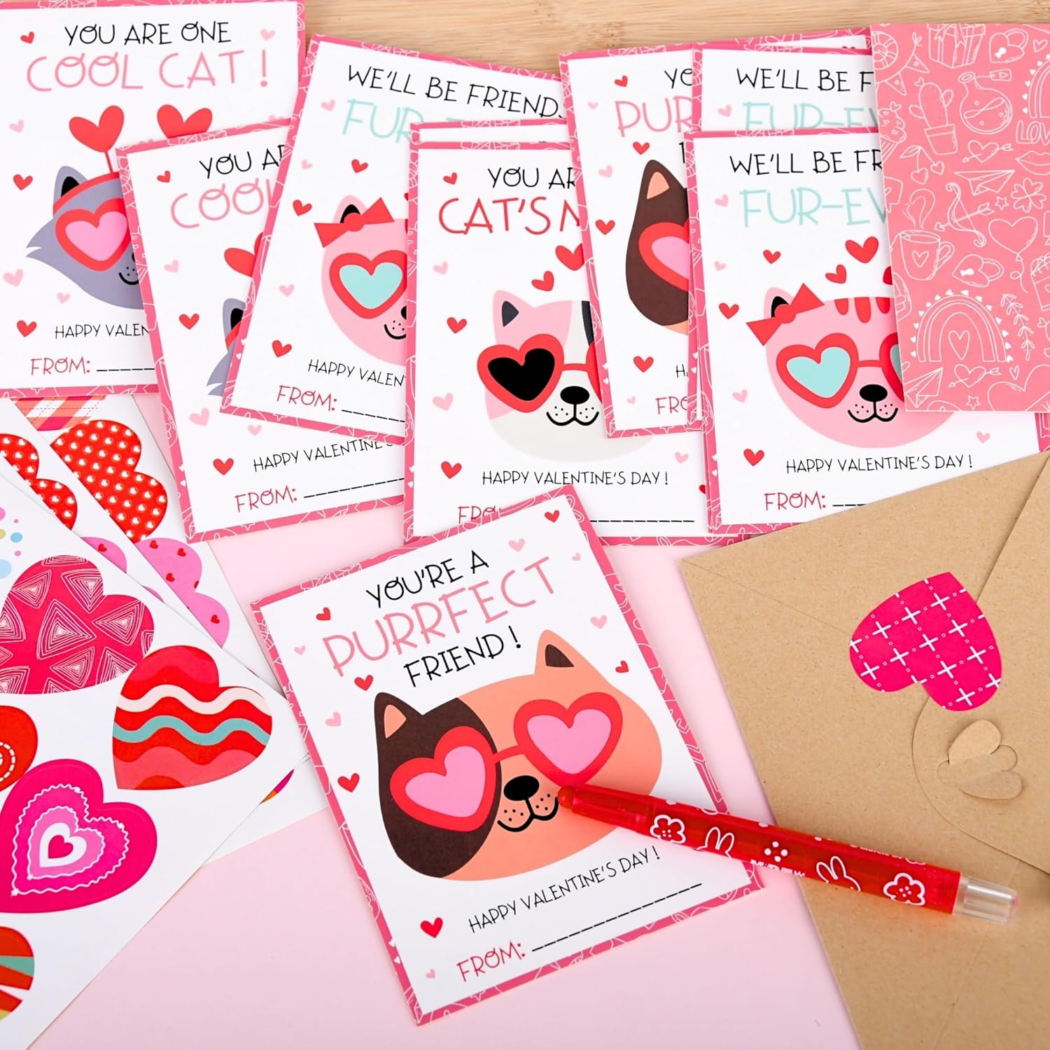 Cat Valentines Cards Kids Classroom - 48 Pack Funny Valentines Day Class Exchange Greeting Cards With Envelopes & Heart Stickers, 4.7 * 3.6 Inch