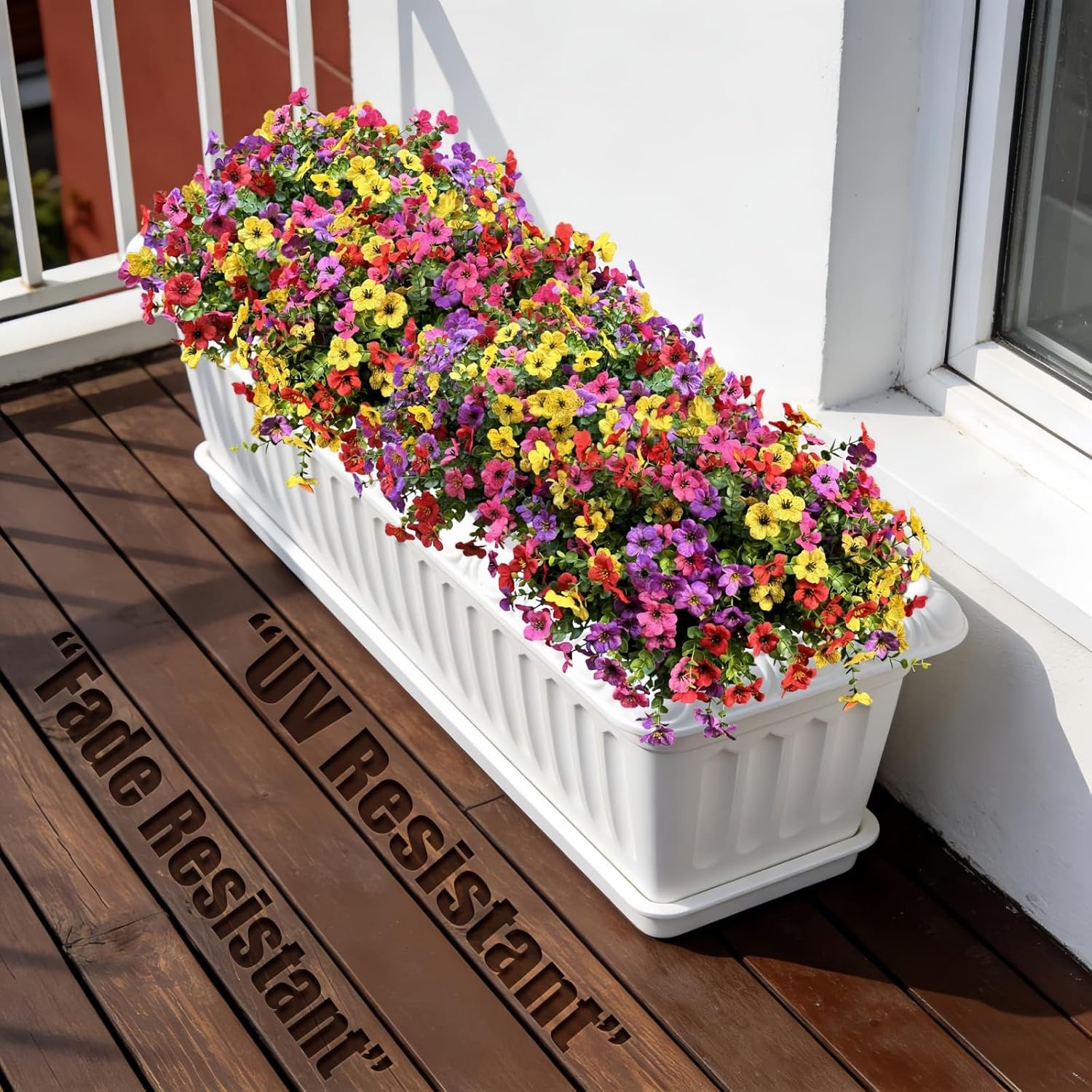 Artificial Flowers Outdoor Uv Resistant Fake Plants, 12 Bundles Silk Daisy In Pots For Porch Patio Garden, Faux Potted Home Decor For Outside (Mix Pink, Red, Purple, Yellow)