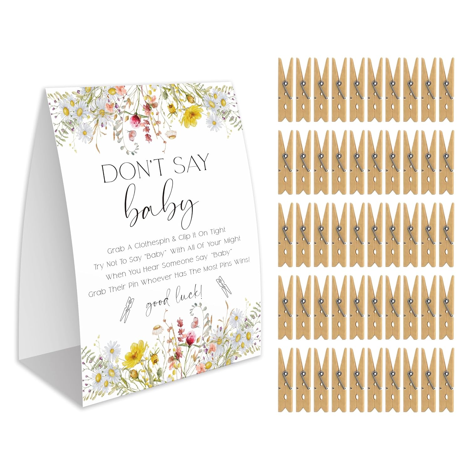 Don'T Say Baby Game For Baby Shower, 50 Wooden Clothespins And One Sign, Wildflowers Theme, Baby In Bloom Decorations, Gender Reveal Games, Baby Shower Supplies-Bb36