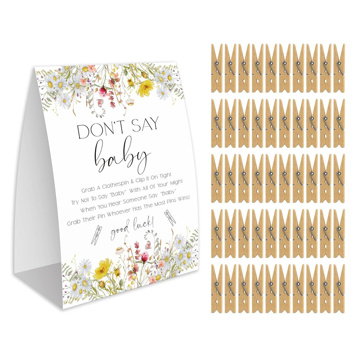 Don'T Say Baby Game For Baby Shower, 50 Wooden Clothespins And One Sign, Wildflowers Theme, Baby In Bloom Decorations, Gender Reveal Games, Baby Shower Supplies-Bb36