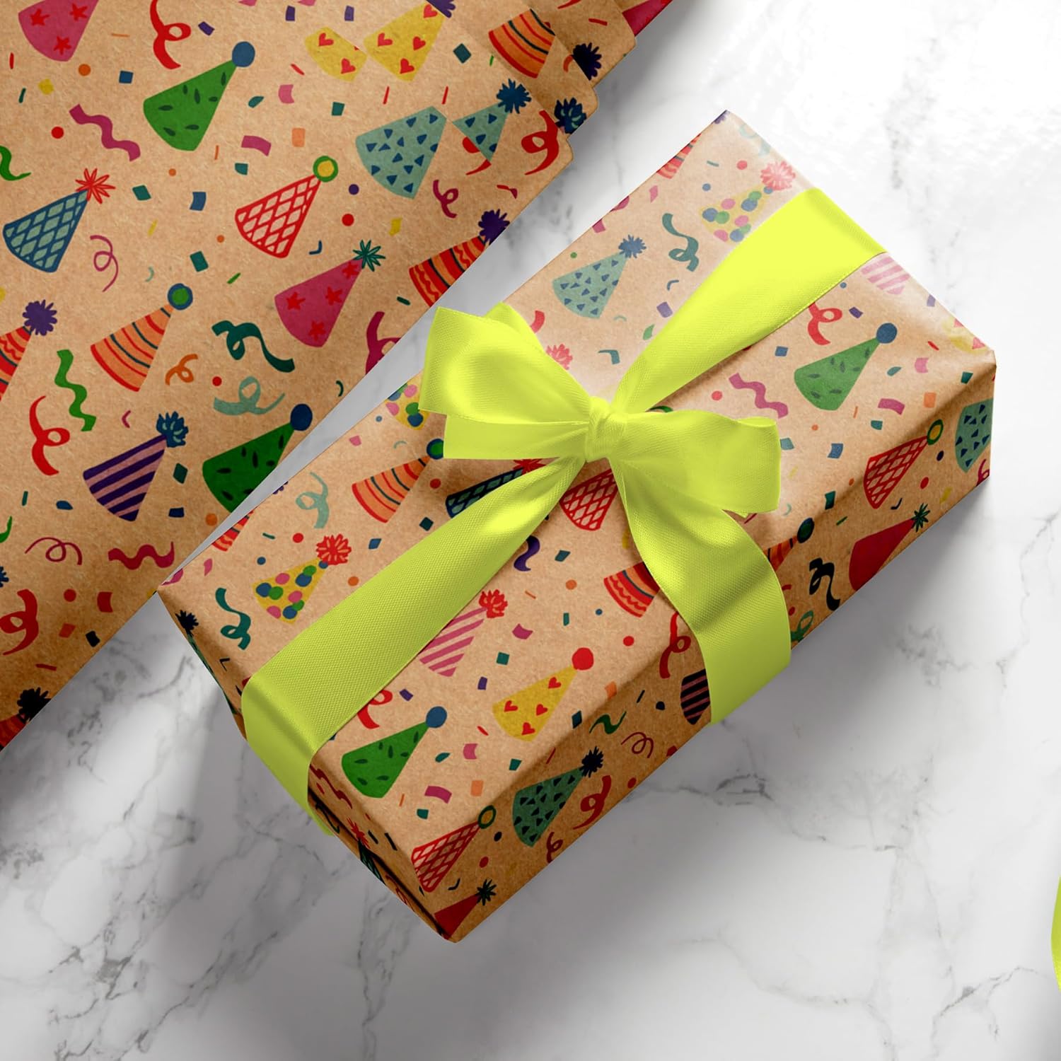 Kraft Birthday Wrapping Paper For Kids Men Women Baby Shower - Recycled Gift Wrap With Colorful Party Hat Design Design - 28 X 40 Inches, 4 Folded Sheets, Easy To Store