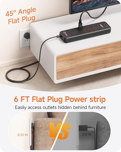 2 Prong Power Strip 10 Outlets 4 USB Ports 1700J 6FT Flat Plug Black