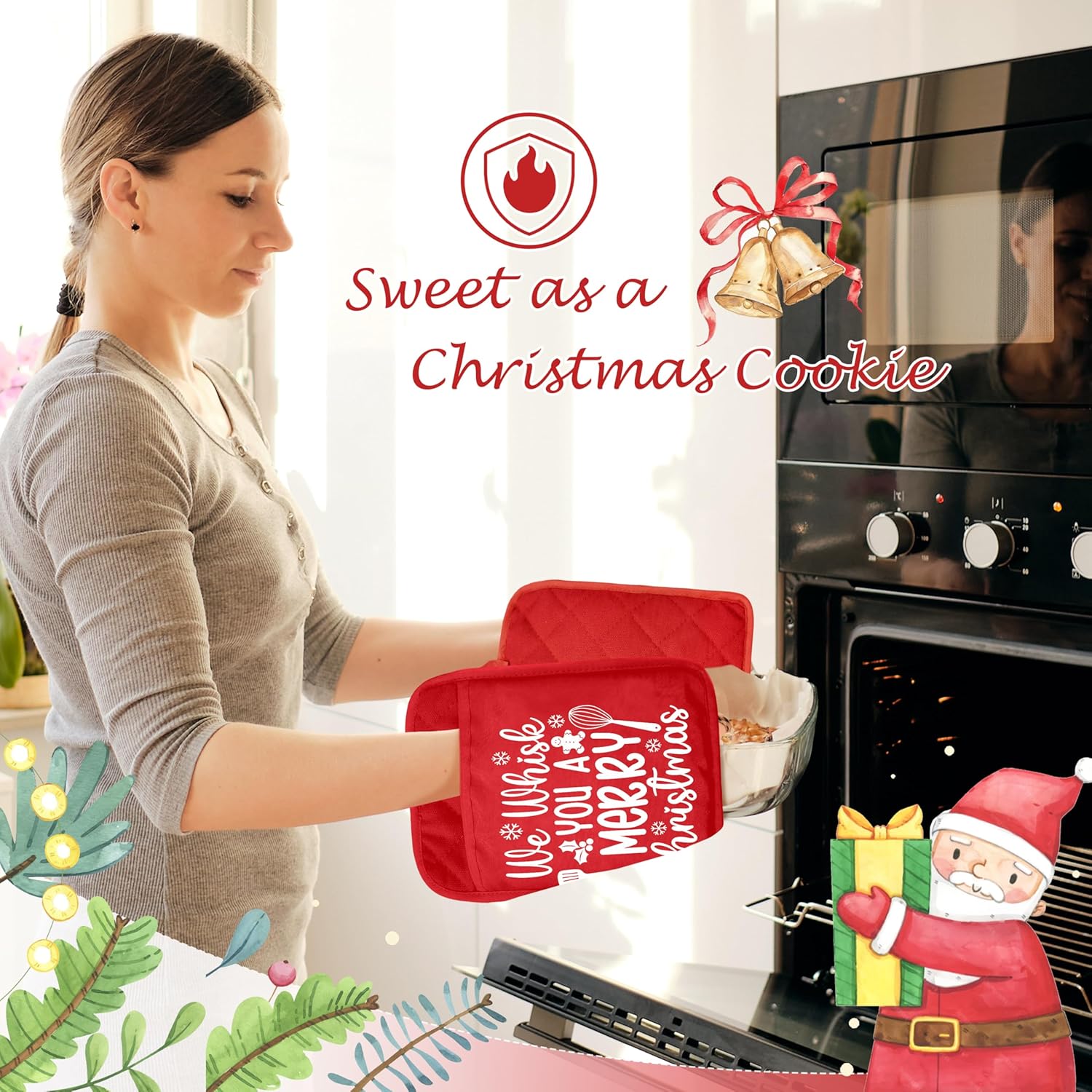 We Whisk You A Merry Christmas Pot Holders 2 Pack Set, Gifts For Baking Lovers, Funny Holiday Christmas Heat Resistant Oven Hot Pads For Kitchen Countertop Baking