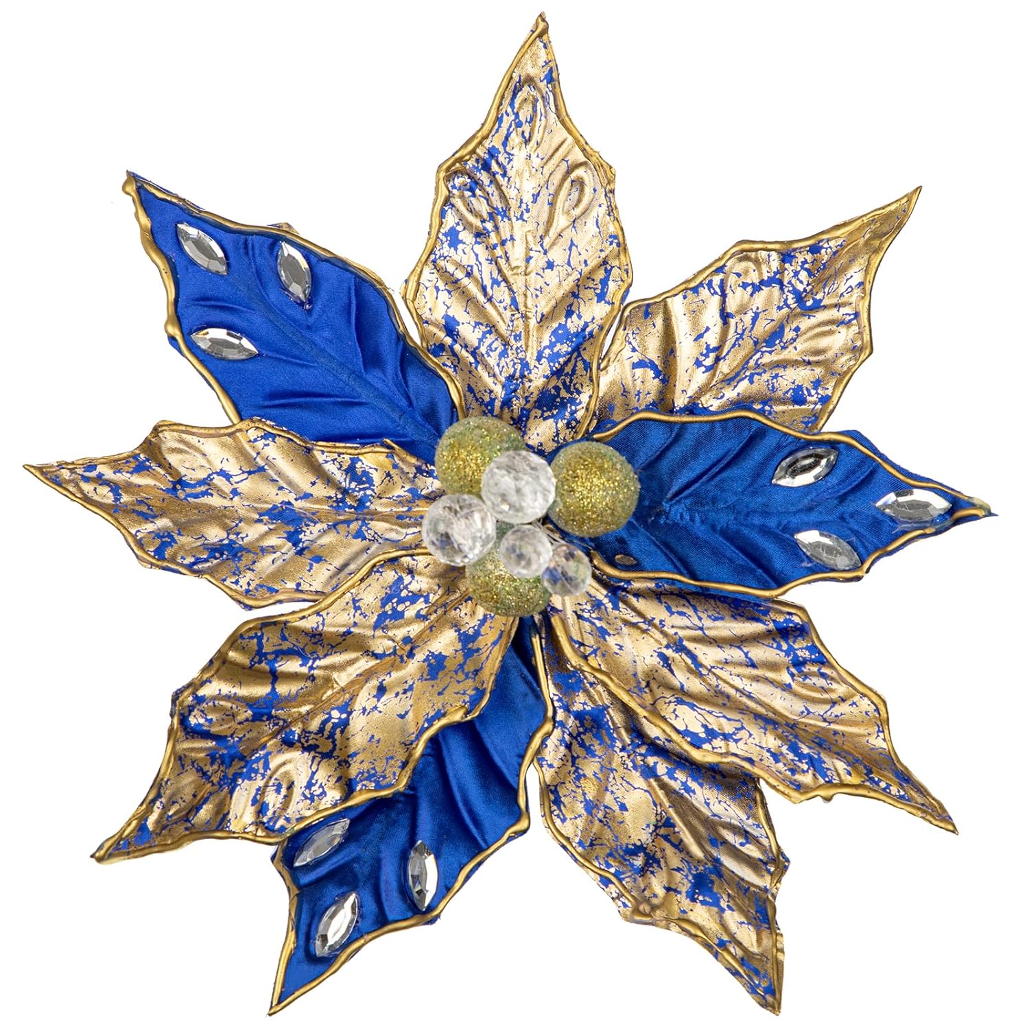 3Pcs Poinsettia Christmas Flowers Artificial 11" Large Blue And Gold Glitter Poinsettia Flowers Christmas Tree Ornaments Floral Picks For Tree Wreath Garland Vase Table Centerpiece Home Decor