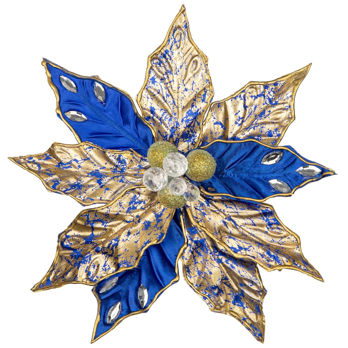 3Pcs Poinsettia Christmas Flowers Artificial 11" Large Blue And Gold Glitter Poinsettia Flowers Christmas Tree Ornaments Floral Picks For Tree Wreath Garland Vase Table Centerpiece Home Decor