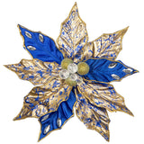 3Pcs Poinsettia Christmas Flowers Artificial 11" Large Blue And Gold Glitter Poinsettia Flowers Christmas Tree Ornaments Floral Picks For Tree Wreath Garland Vase Table Centerpiece Home Decor