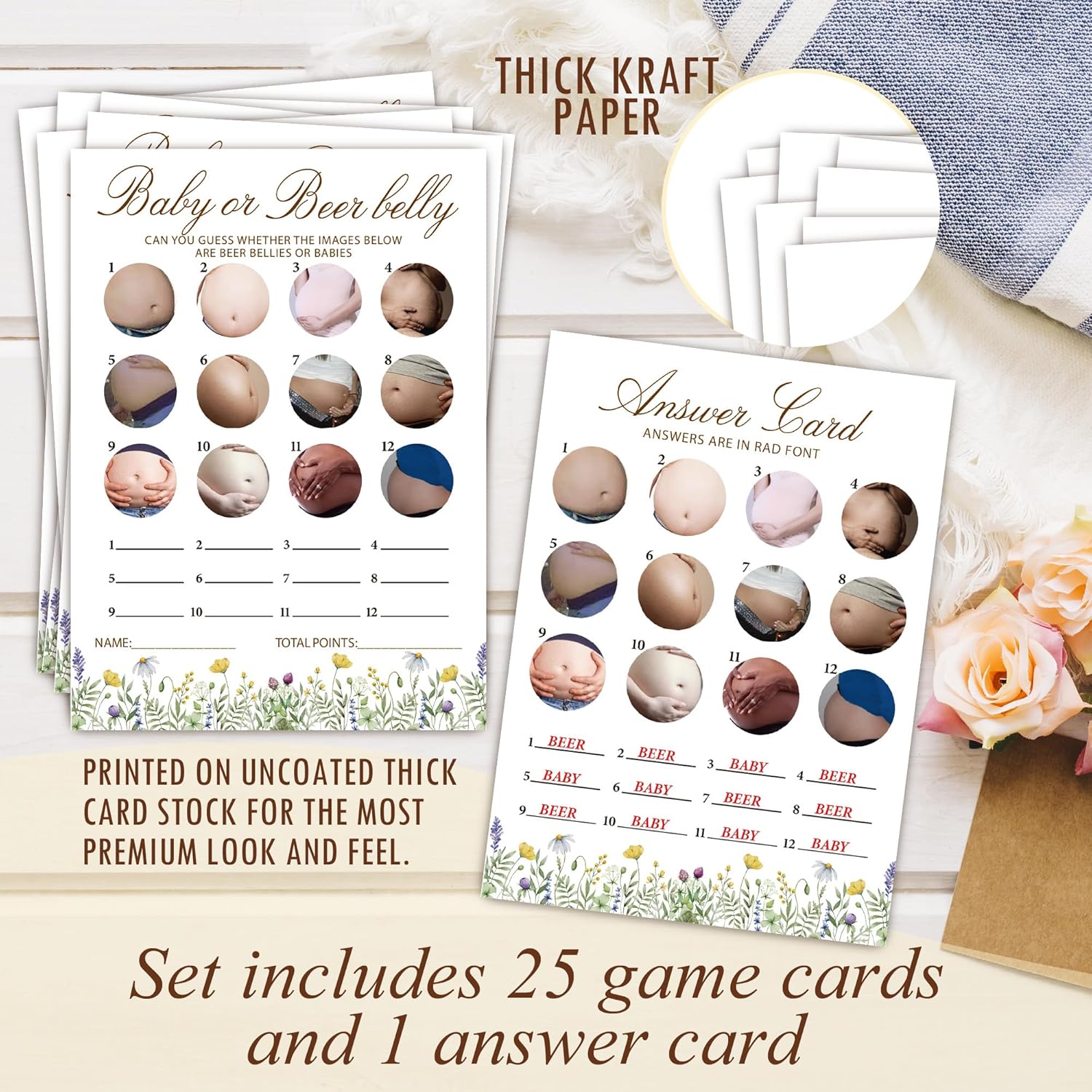 Wildflower Baby Shower Games, Beer Belly Game Cards, 25 Gender Neutral Cards With 1 Answer, Flower Gender Reveal Party Supply Kit, Baby Shower Decorations(5''X7'')-A22