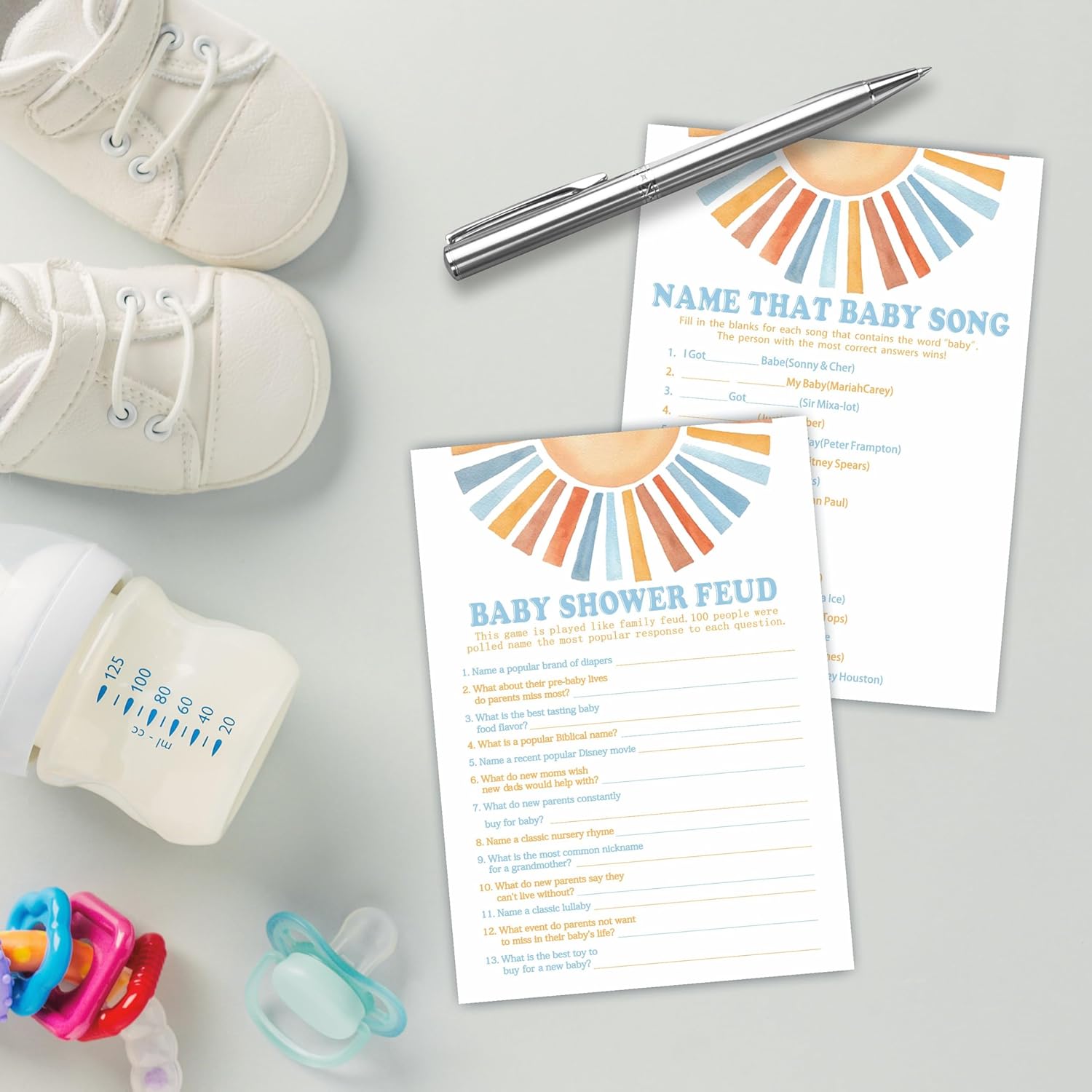 Baby Shower Feud & Name That Baby Song Theme Baby Shower Game Activities-Game Cards For Boys & Girls-30 Retro Sunshine Game Cards & 1 Answer Card-Baby Shower Party Supplies & Decorations-A05