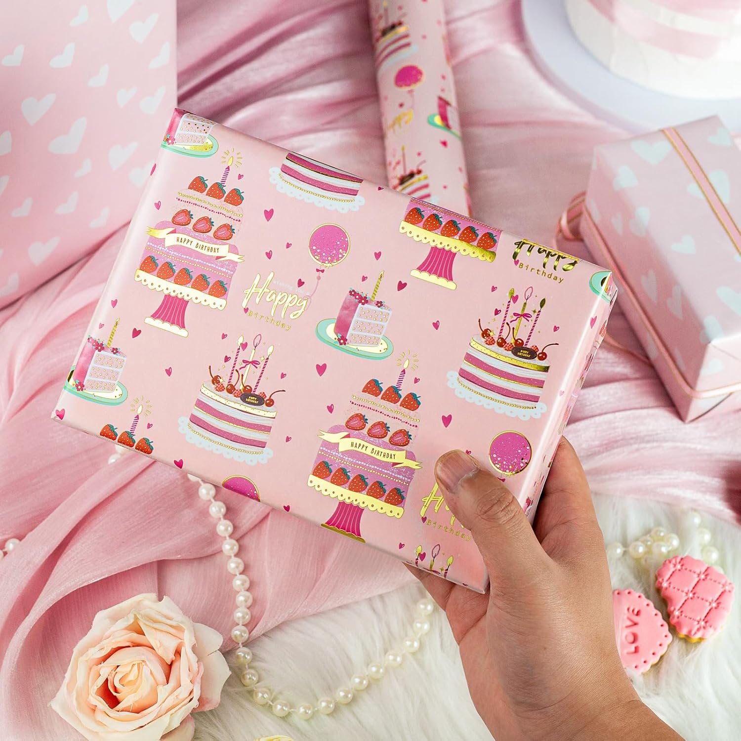 Girls Birthday Wrapping Paper Roll, Pink Gift Wrapping Paper,Metallic Foil Pink Cartoon-Style Birthday Cakes Gift Wrap For Kid Party,Baby Shower,Wedding, Holiday,Christmas(17 Inch X 33 Feet)