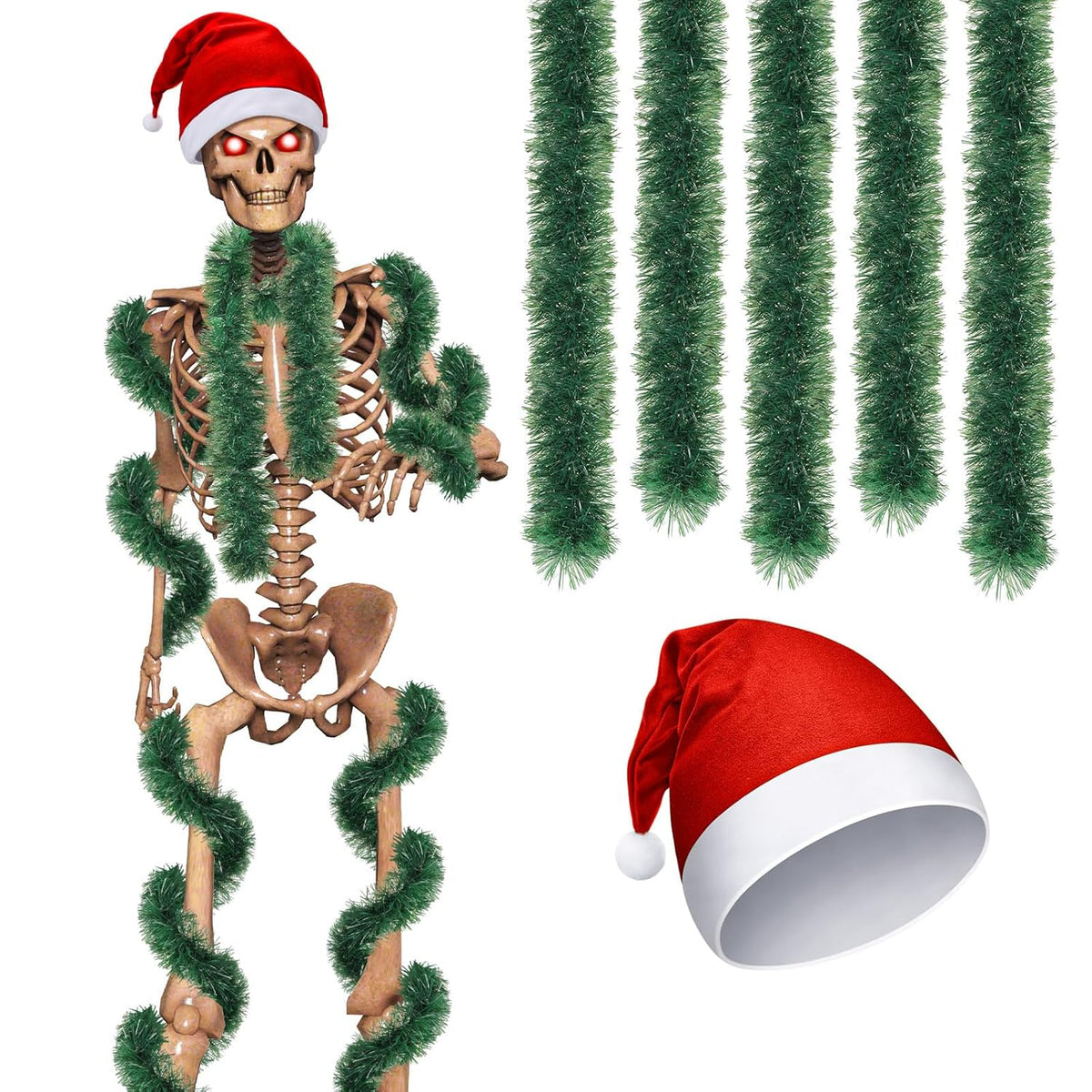 Skeleton Plush Santa Hats With 158 Inches Christmas Norfolk Pine Garland Skeleton Accessories(12 Ft)