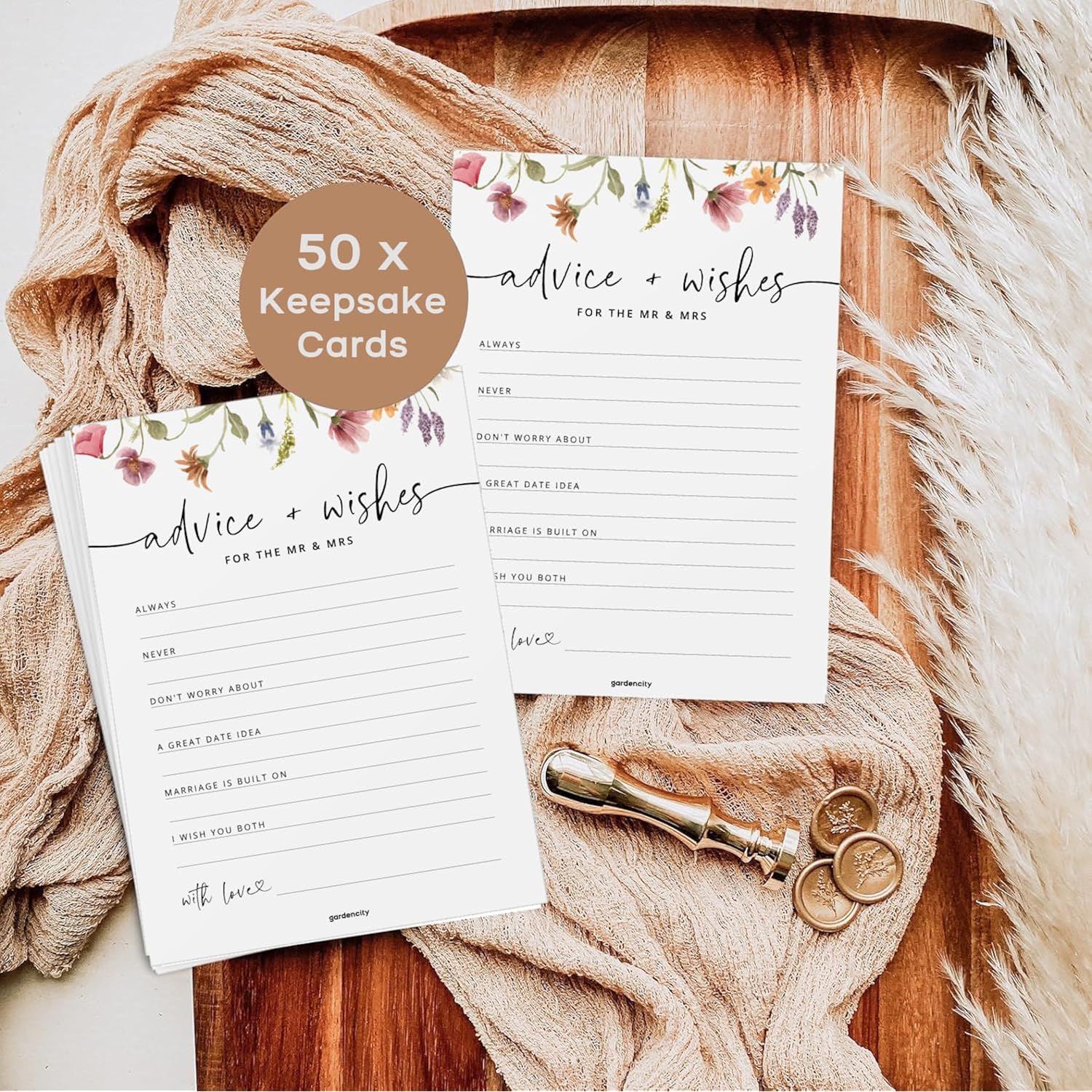 Advice And Wishes For The Mr And Mrs, Floral Wedding Advice Cards, Wildflower Bridal Shower Games For Bride, 50 Pack