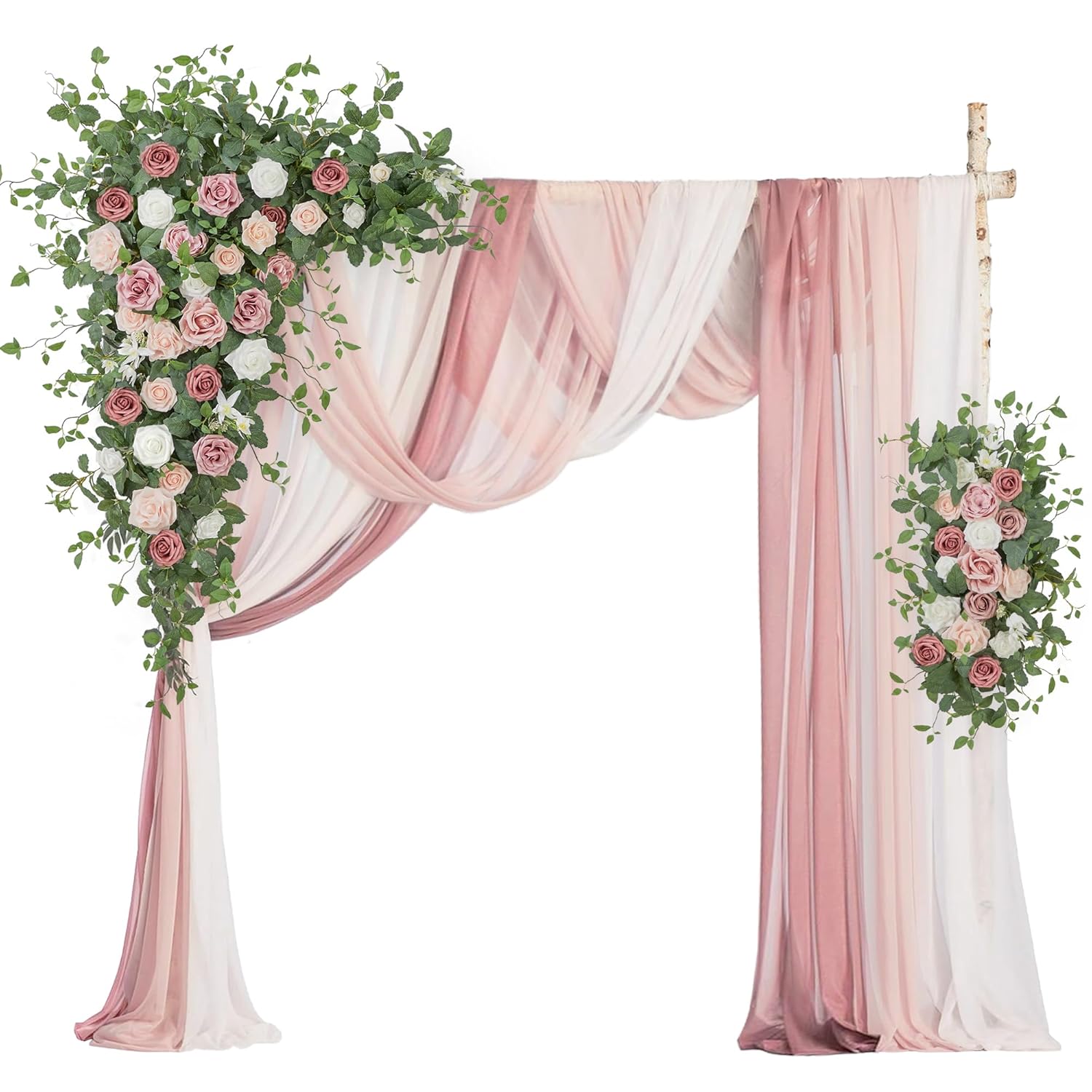 Wedding Arch Flowers With Drapes Kit (Pack Of 5) - 2Pcs Artificial Dusty Rose Deluxe Swag With 3Pcs Hanging Sheer Drapes For Wedding Ceremony Arbor Reception Backdrop Rose Floral Decoration