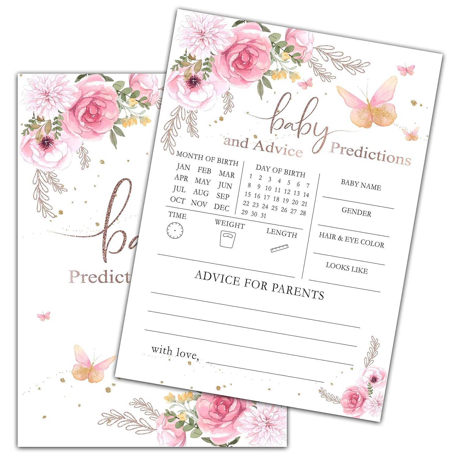 Butterfly Baby Shower Game, Baby Predictions And Advice Cards Party Game, Blush Pink Floral Theme Gender Reveal Party Games, Baby Shower Party Activities & Decorations -30 Game Cards(01)